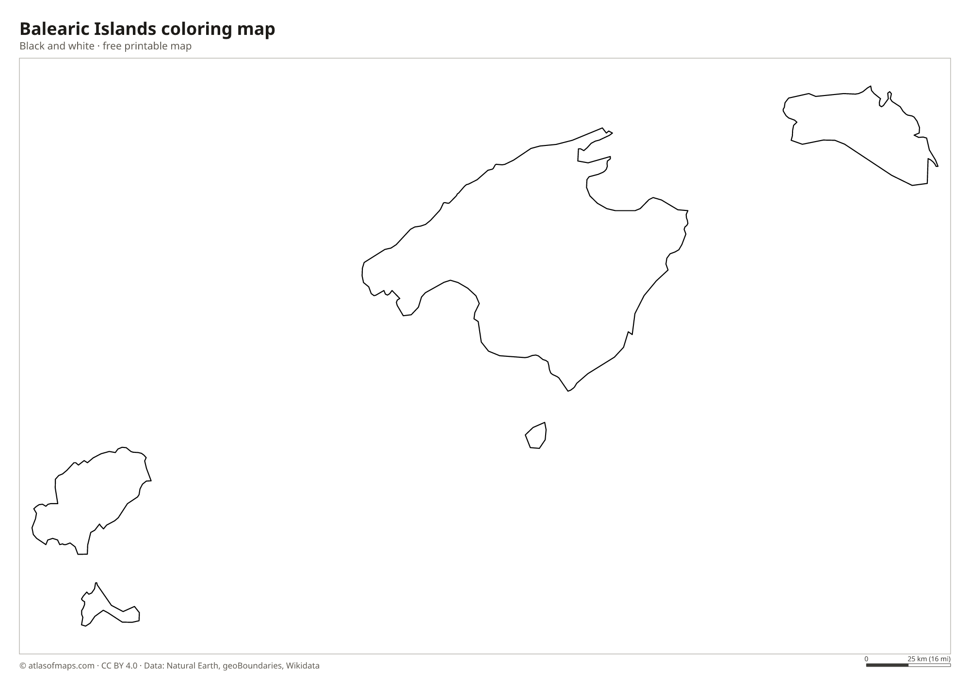 Black-and-white coloring map of Balearic Islands