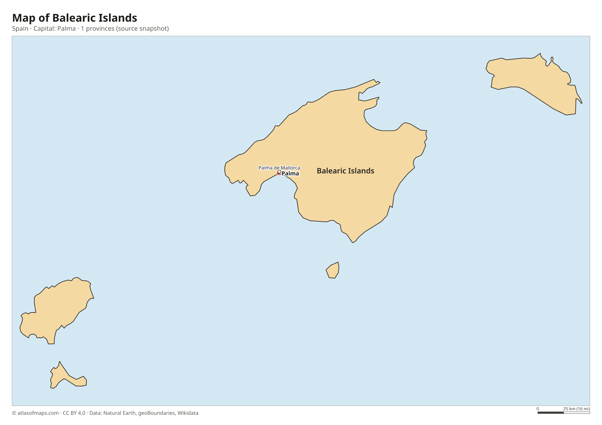 Map of Balearic Islands with the capital Palma, cities and provinces