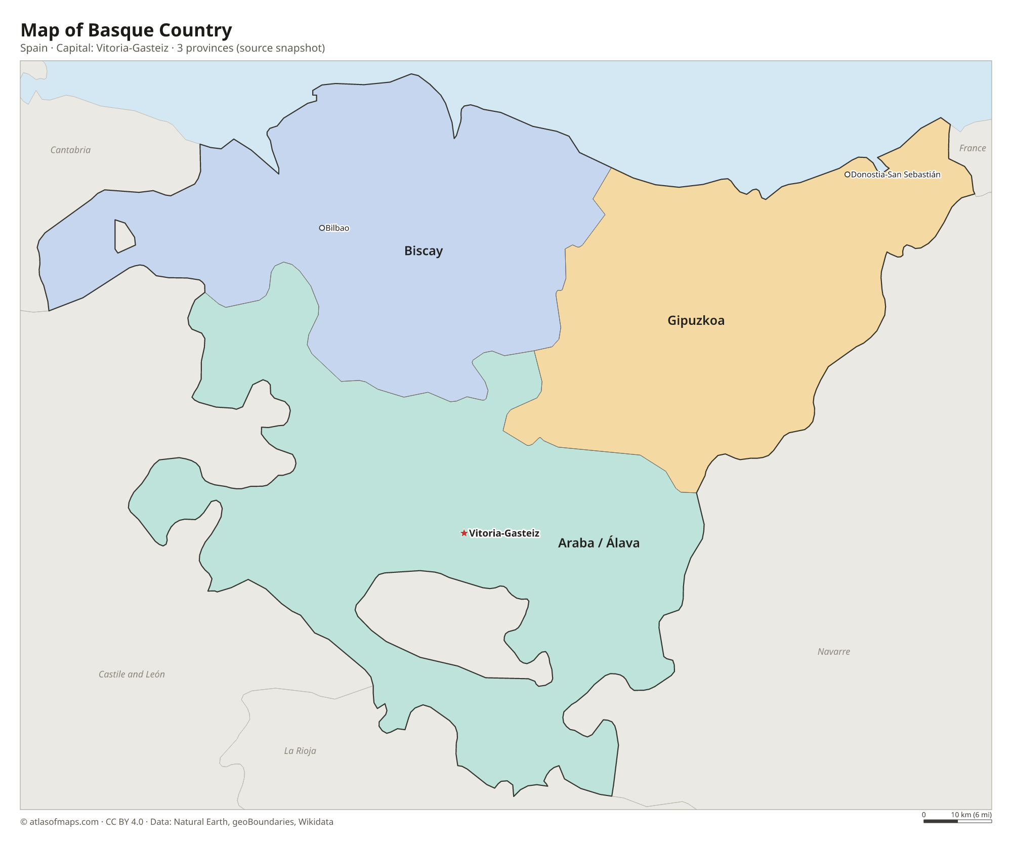 Map of Basque Country with the capital Vitoria-Gasteiz, cities and provinces