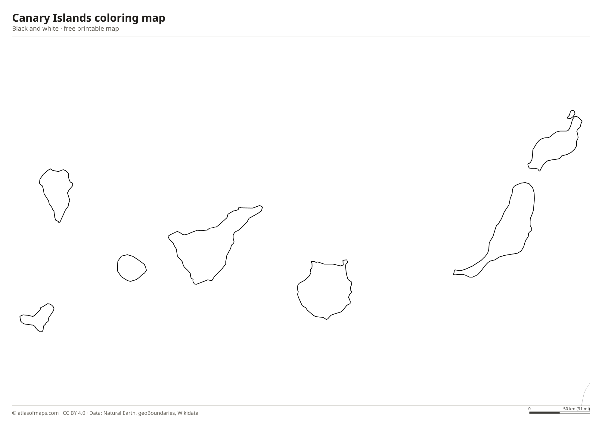 Black-and-white coloring map of Canary Islands