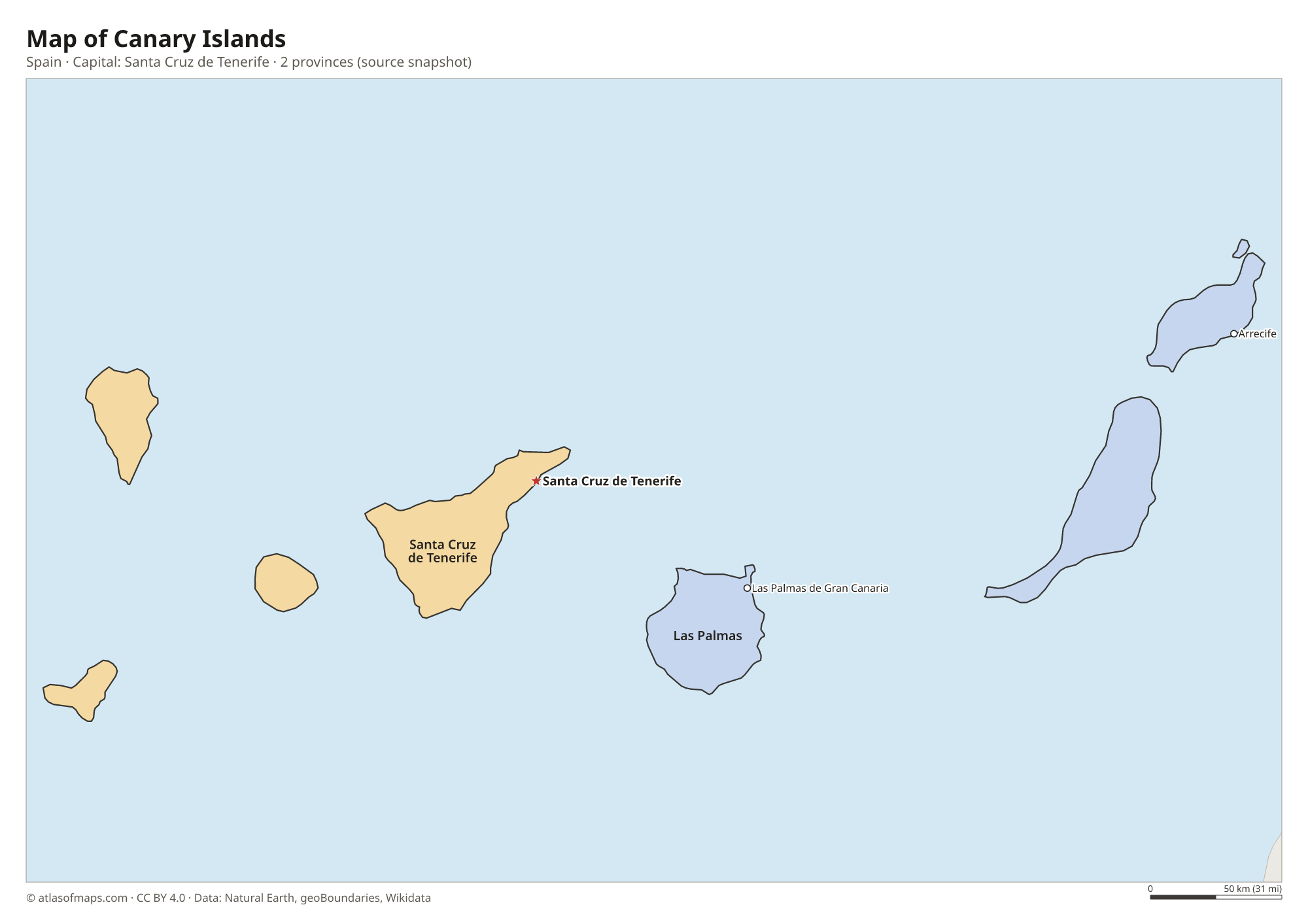 Map of Canary Islands with the capital Santa Cruz de Tenerife, cities and provinces