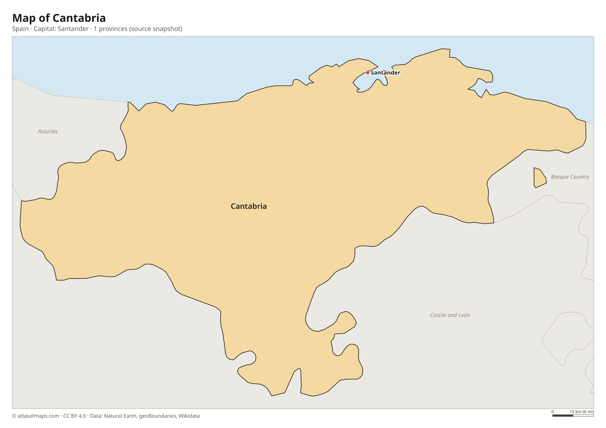 Map of Cantabria with the capital Santander, cities and provinces