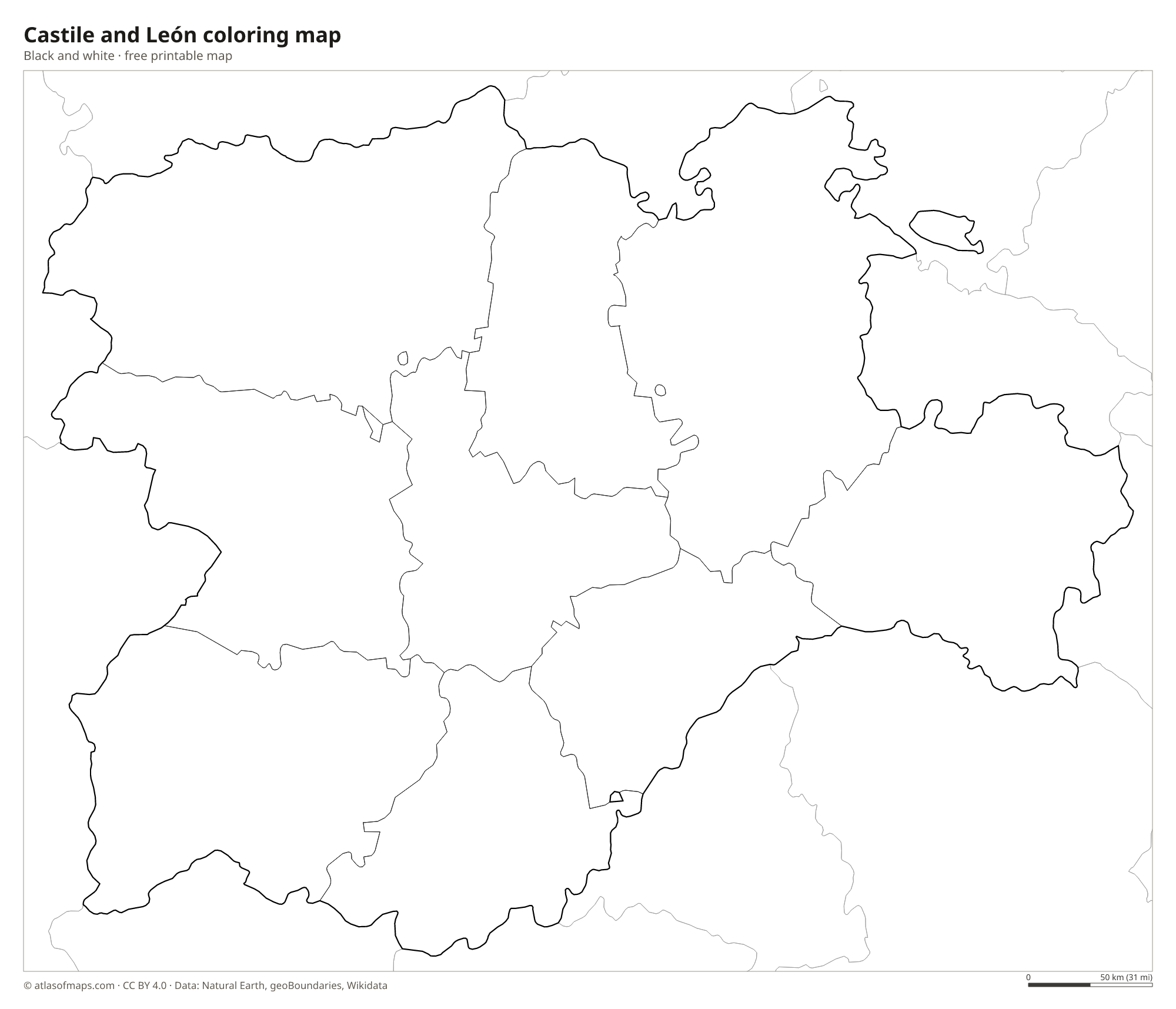 Black-and-white coloring map of Castile and León