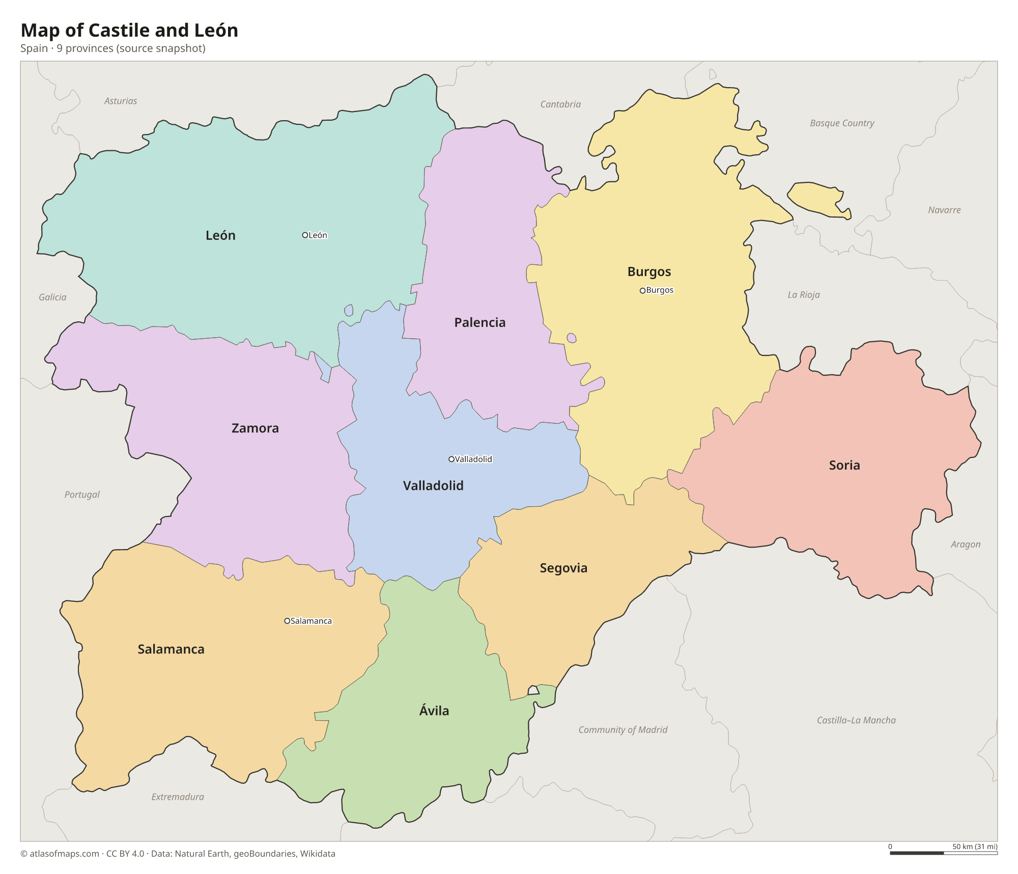 Map of Castile and León, cities and provinces