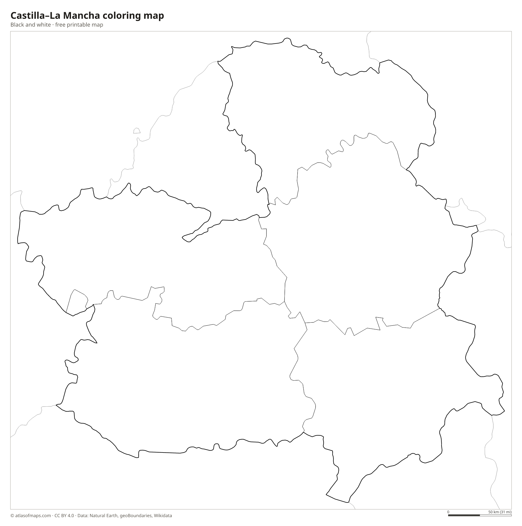 Black-and-white coloring map of Castilla–La Mancha