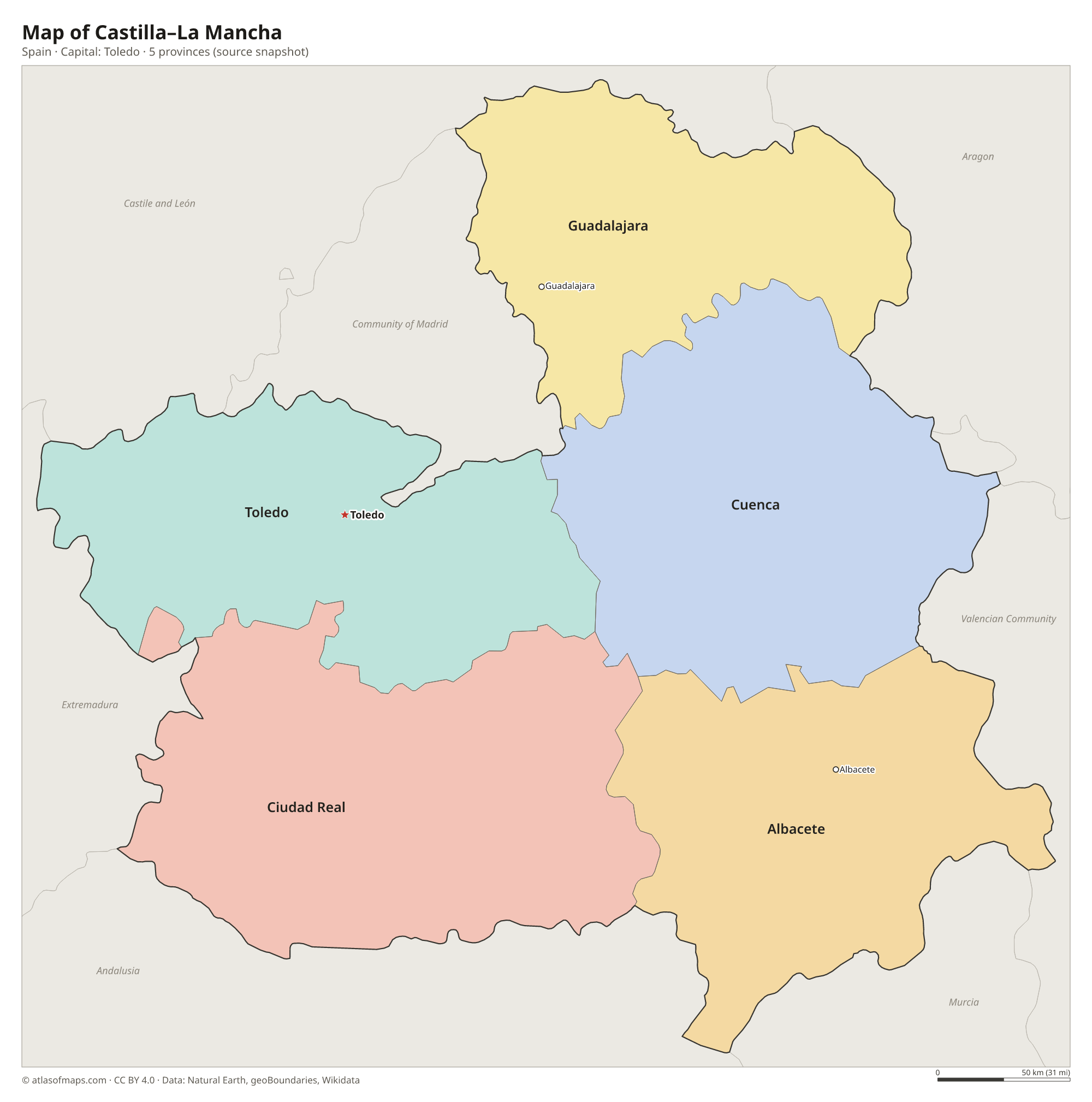 Map of Castilla–La Mancha with the capital Toledo, cities and provinces