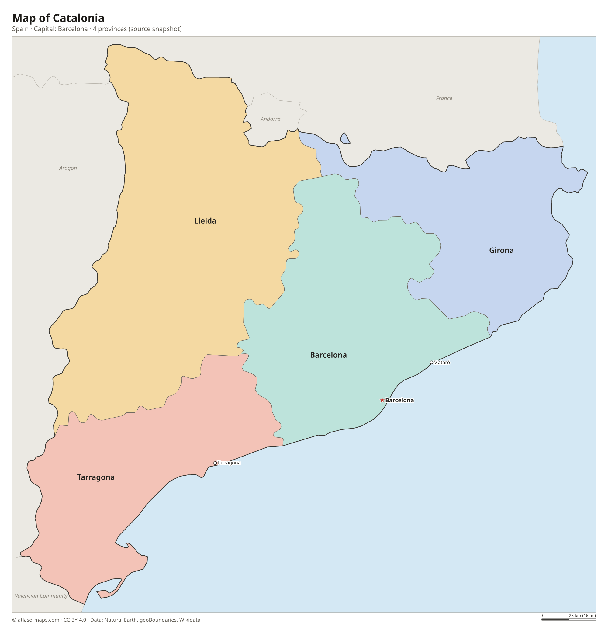 Map of Catalonia with the capital Barcelona, cities and provinces