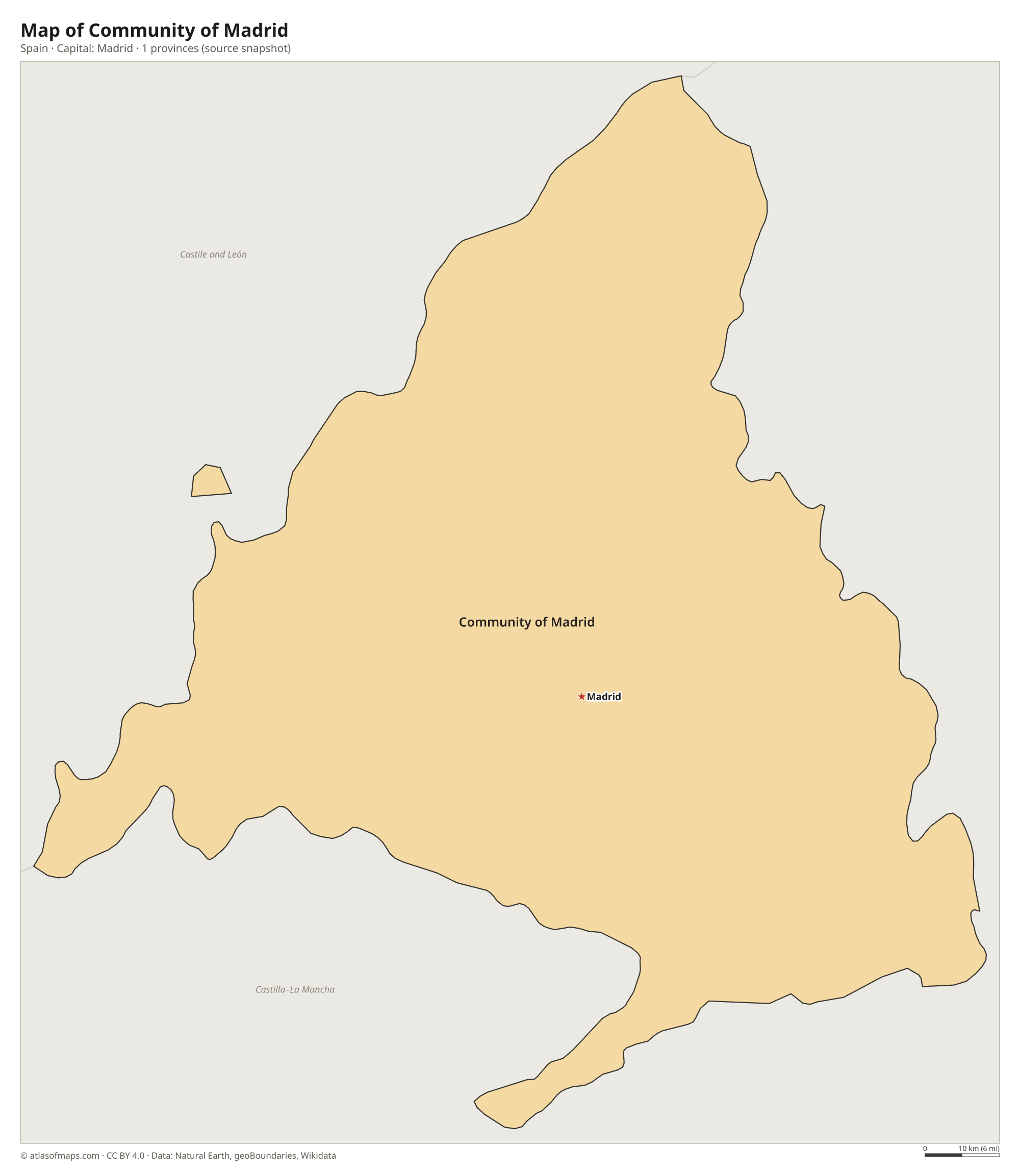 Map of Community of Madrid with the capital Madrid, cities and provinces