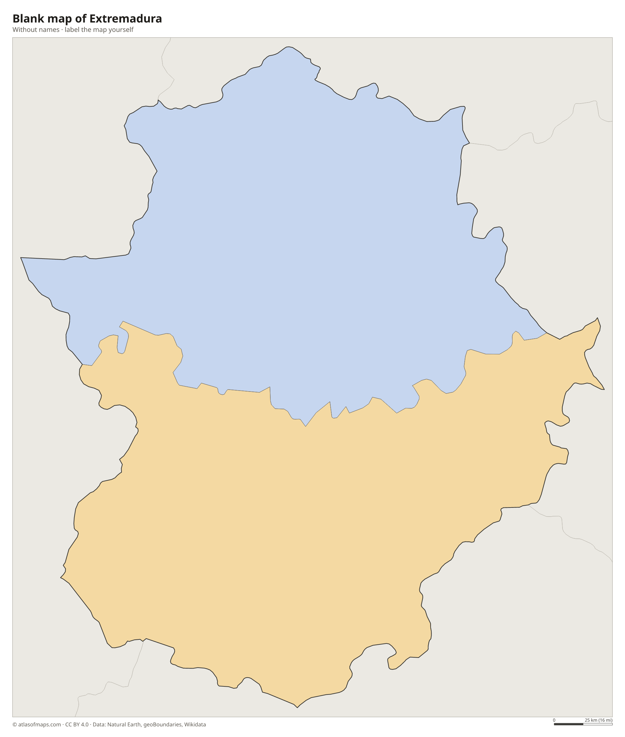 Blank map of Extremadura without names