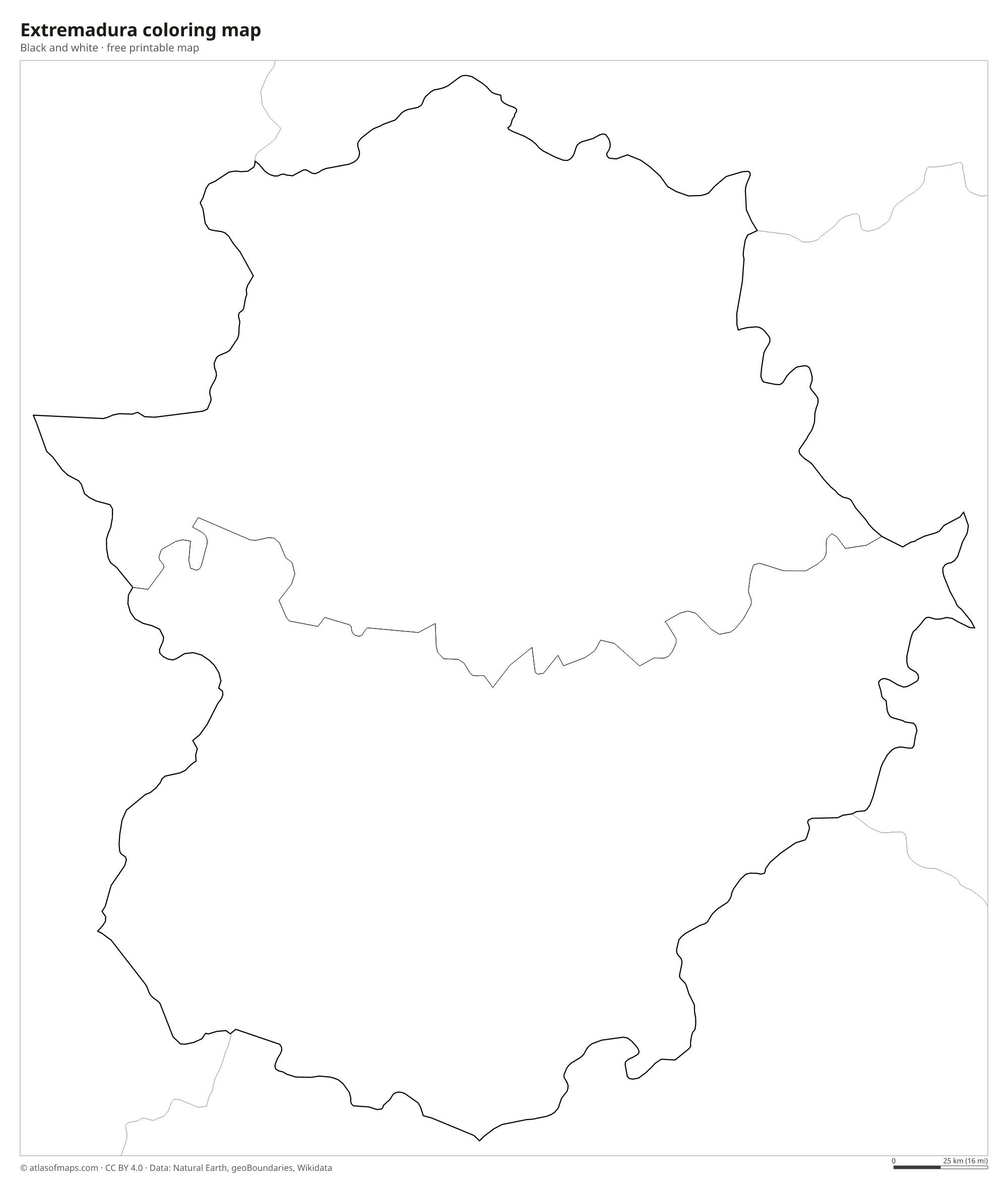 Black-and-white coloring map of Extremadura