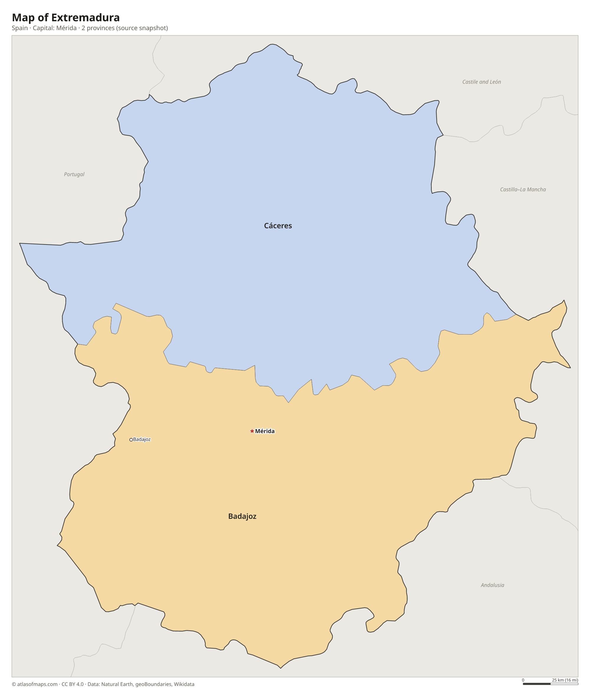 Map of Extremadura with the capital Mérida, cities and provinces