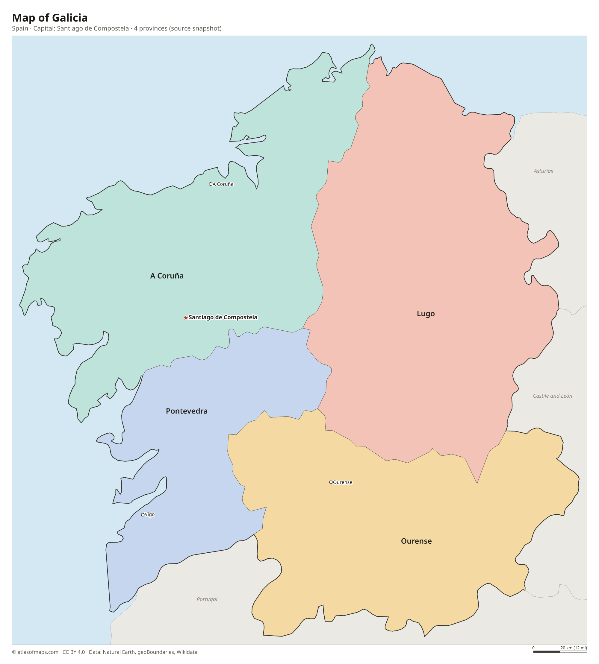 Map of Galicia with the capital Santiago de Compostela, cities and provinces