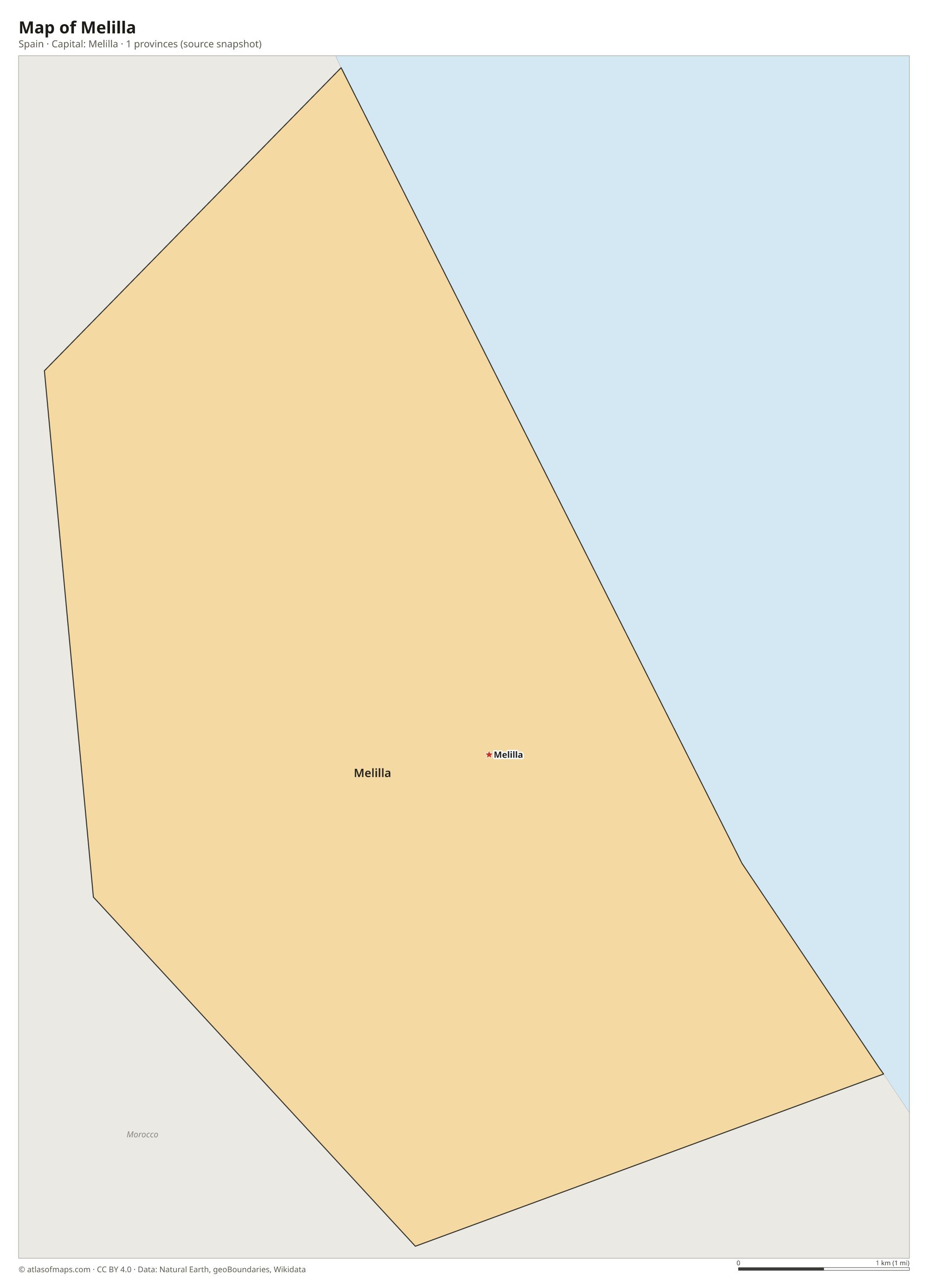 Map of Melilla with the capital Melilla, cities and provinces