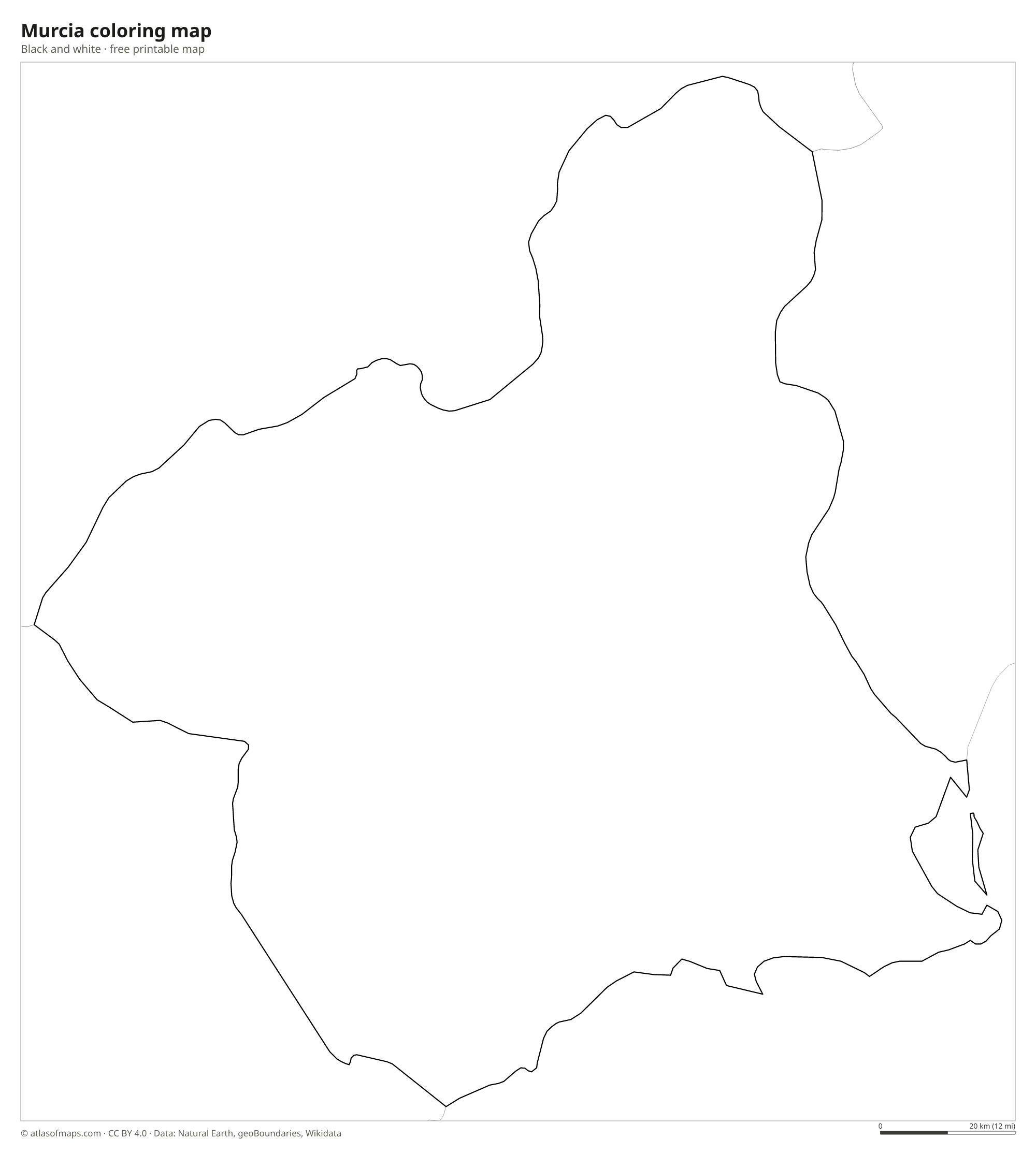Black-and-white coloring map of Murcia