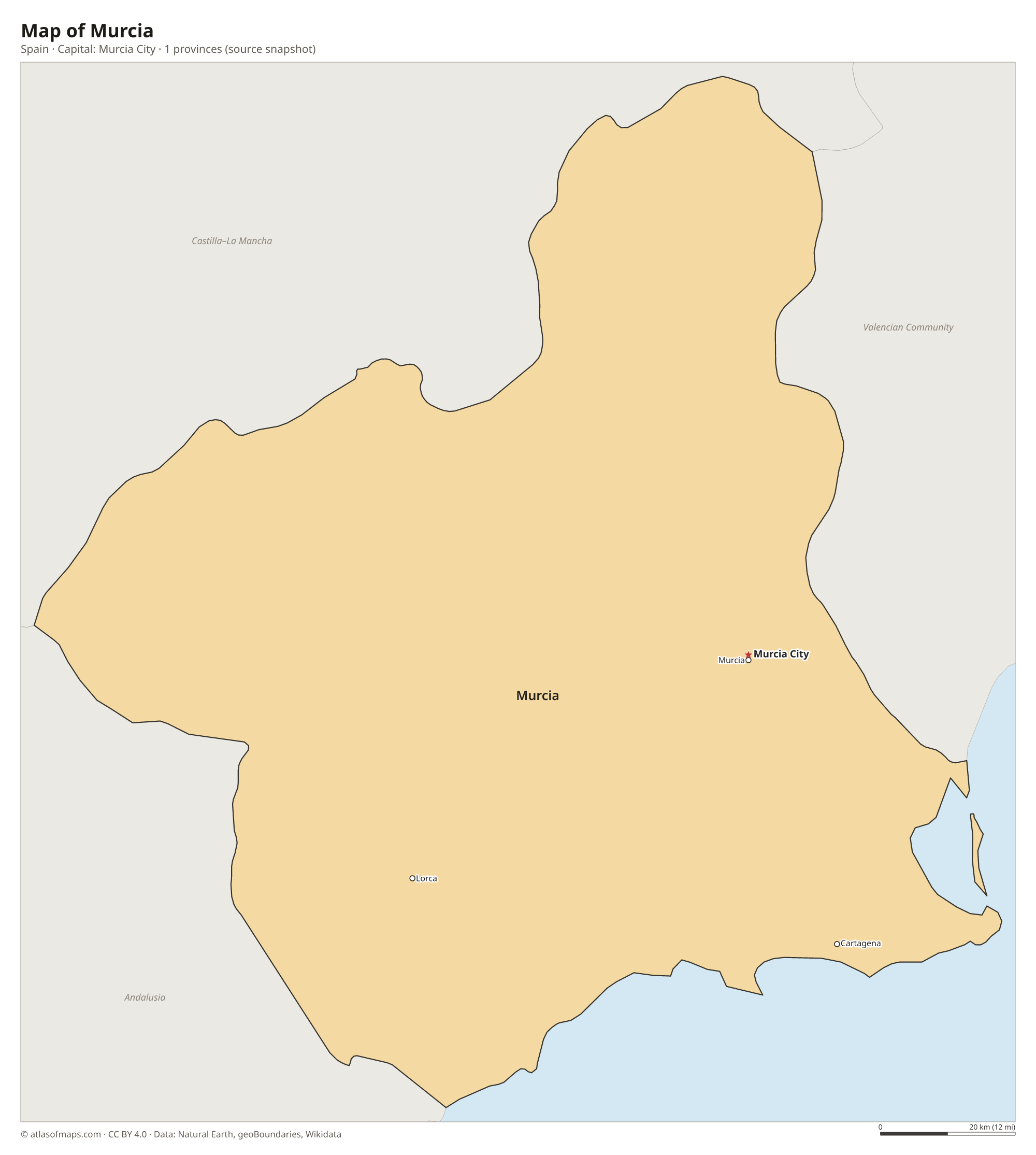 Map of Murcia with the capital Murcia City, cities and provinces