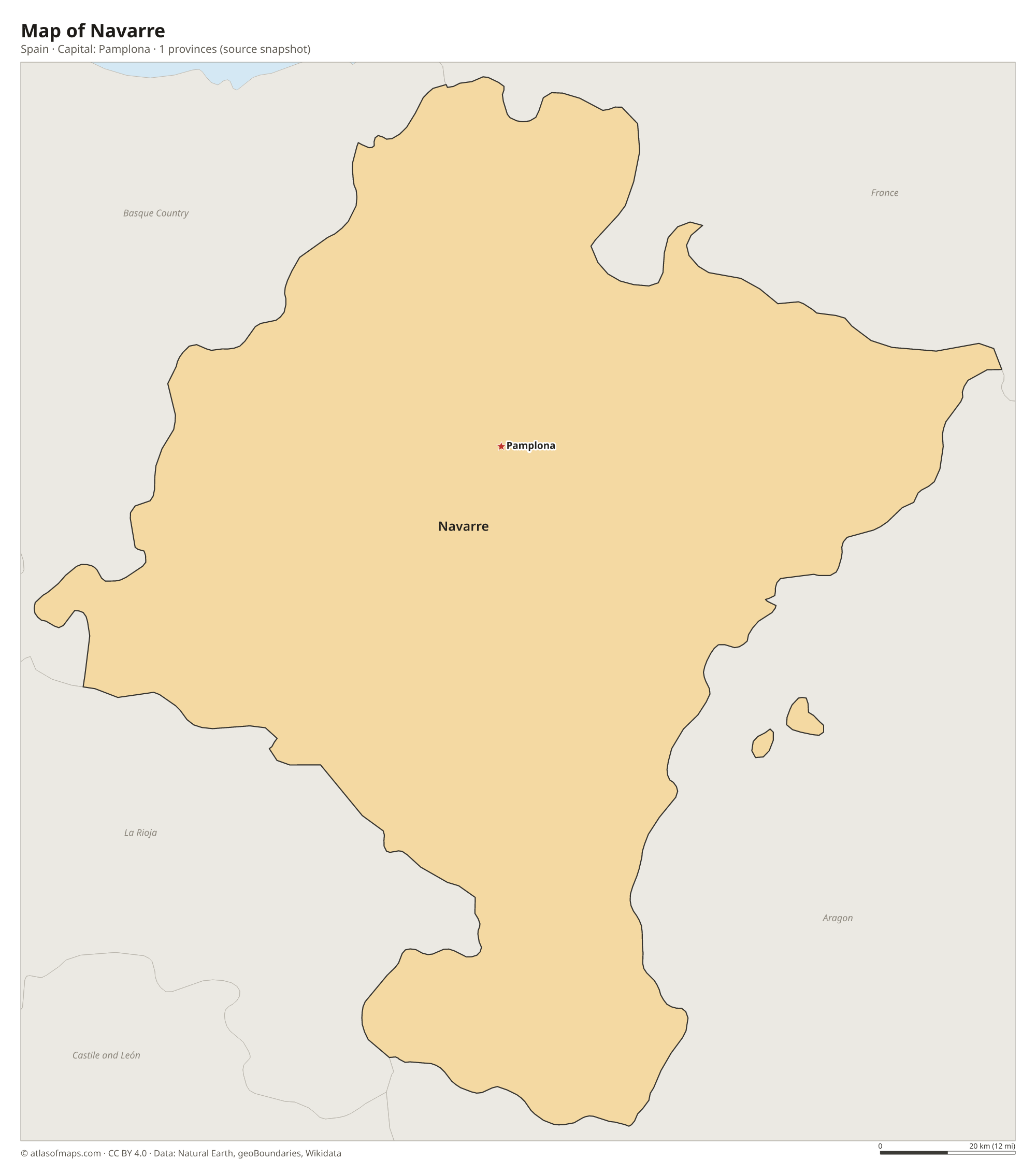 Map of Navarre with the capital Pamplona, cities and provinces