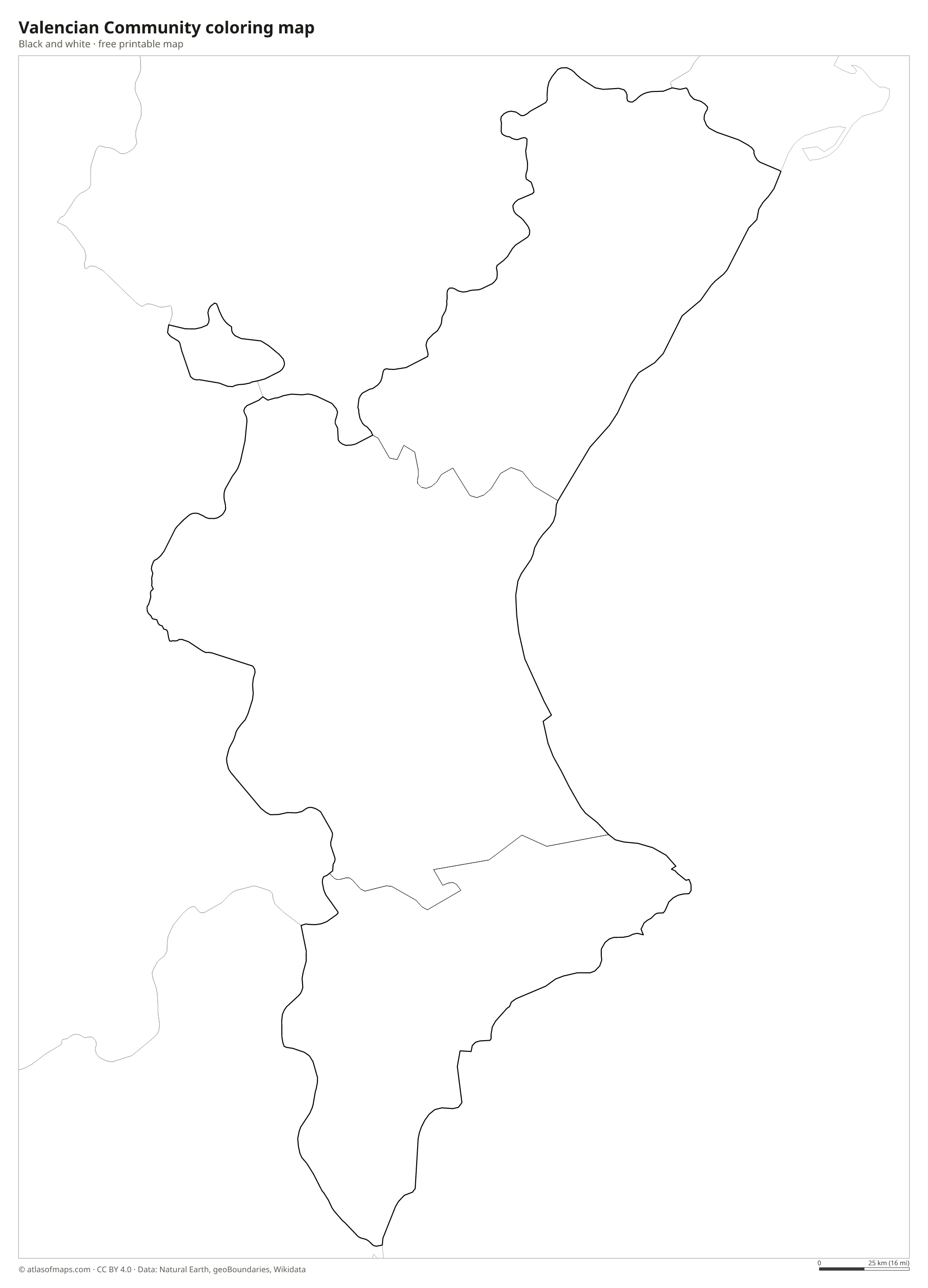Black-and-white coloring map of Valencian Community