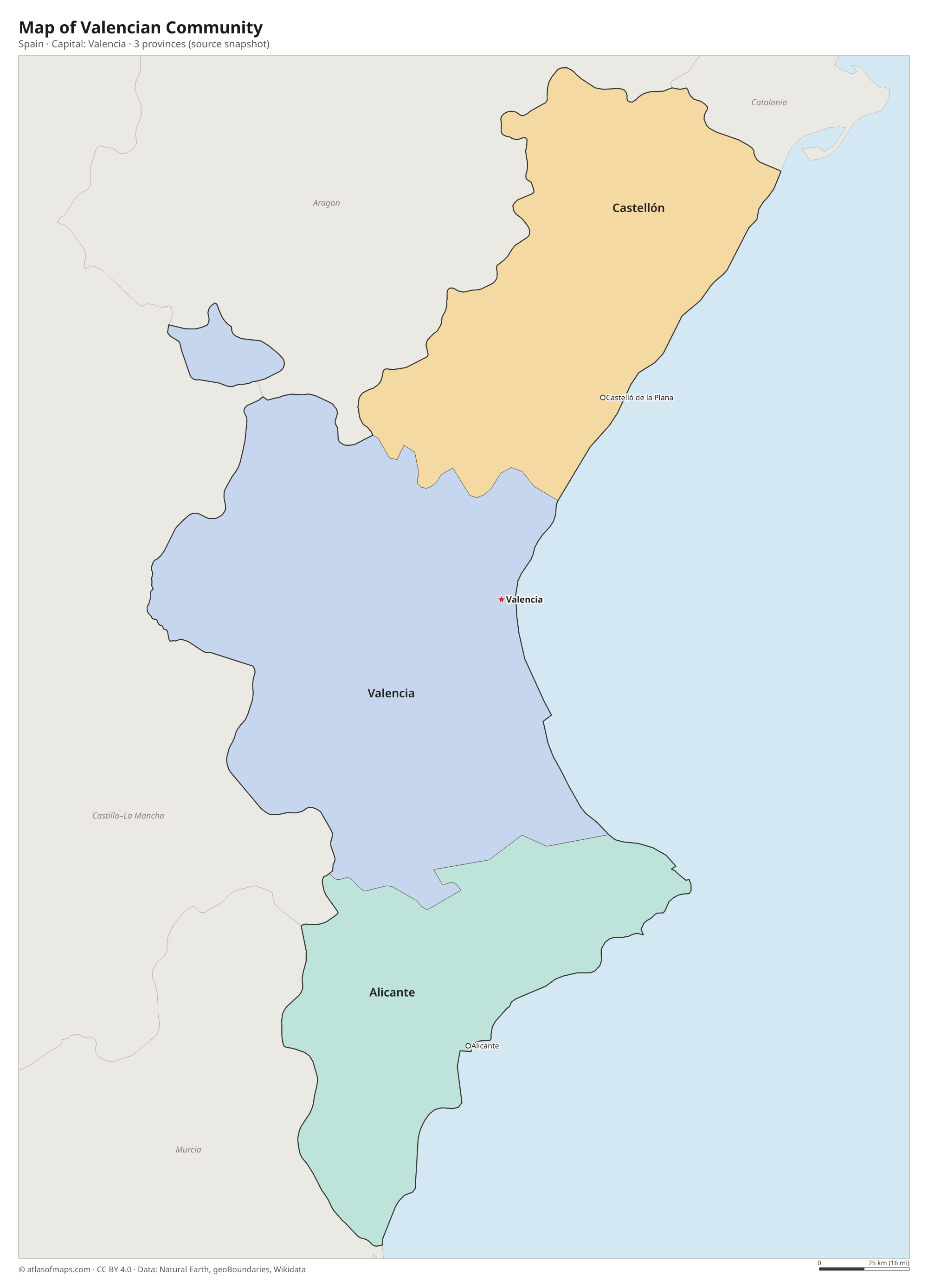 Map of Valencian Community with the capital Valencia, cities and provinces