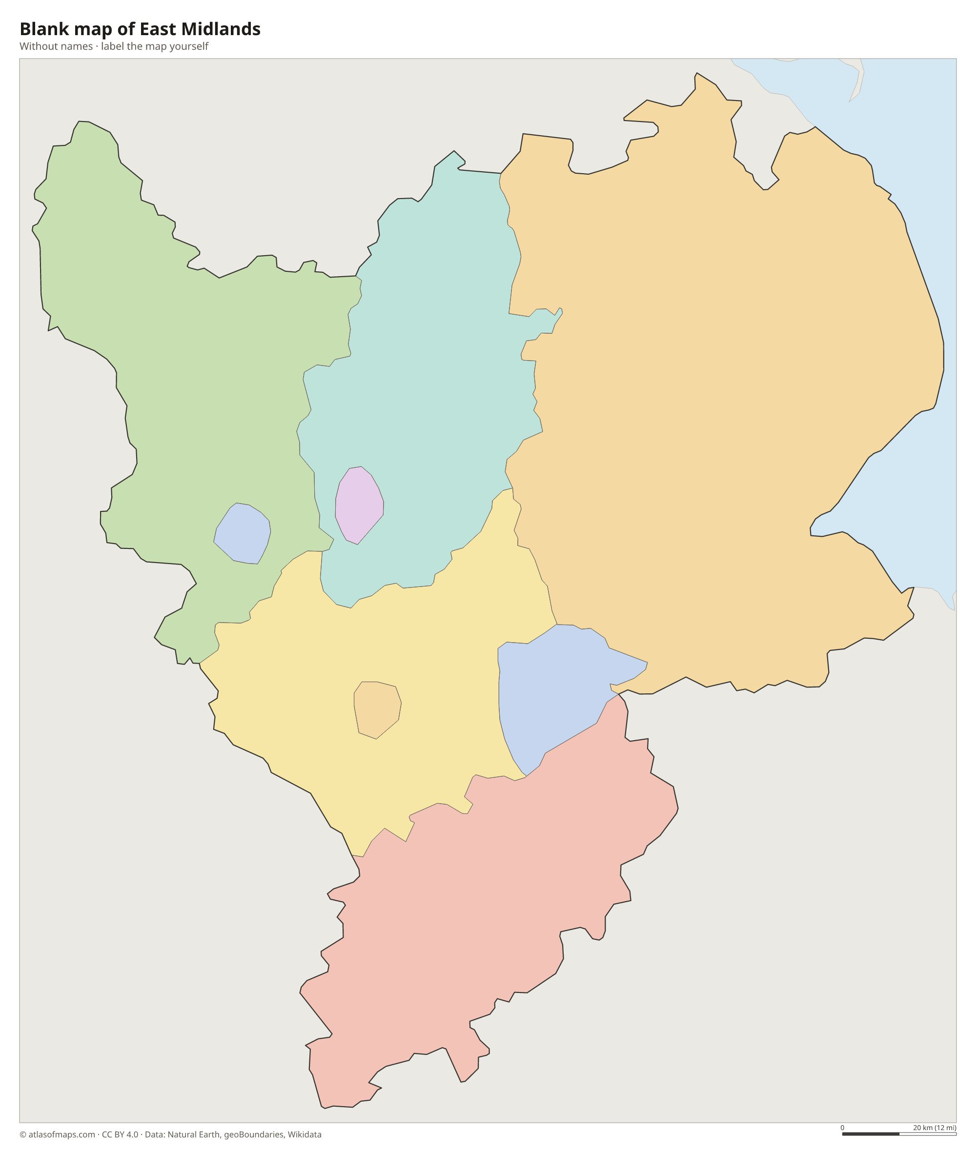 Blank map of East Midlands without names