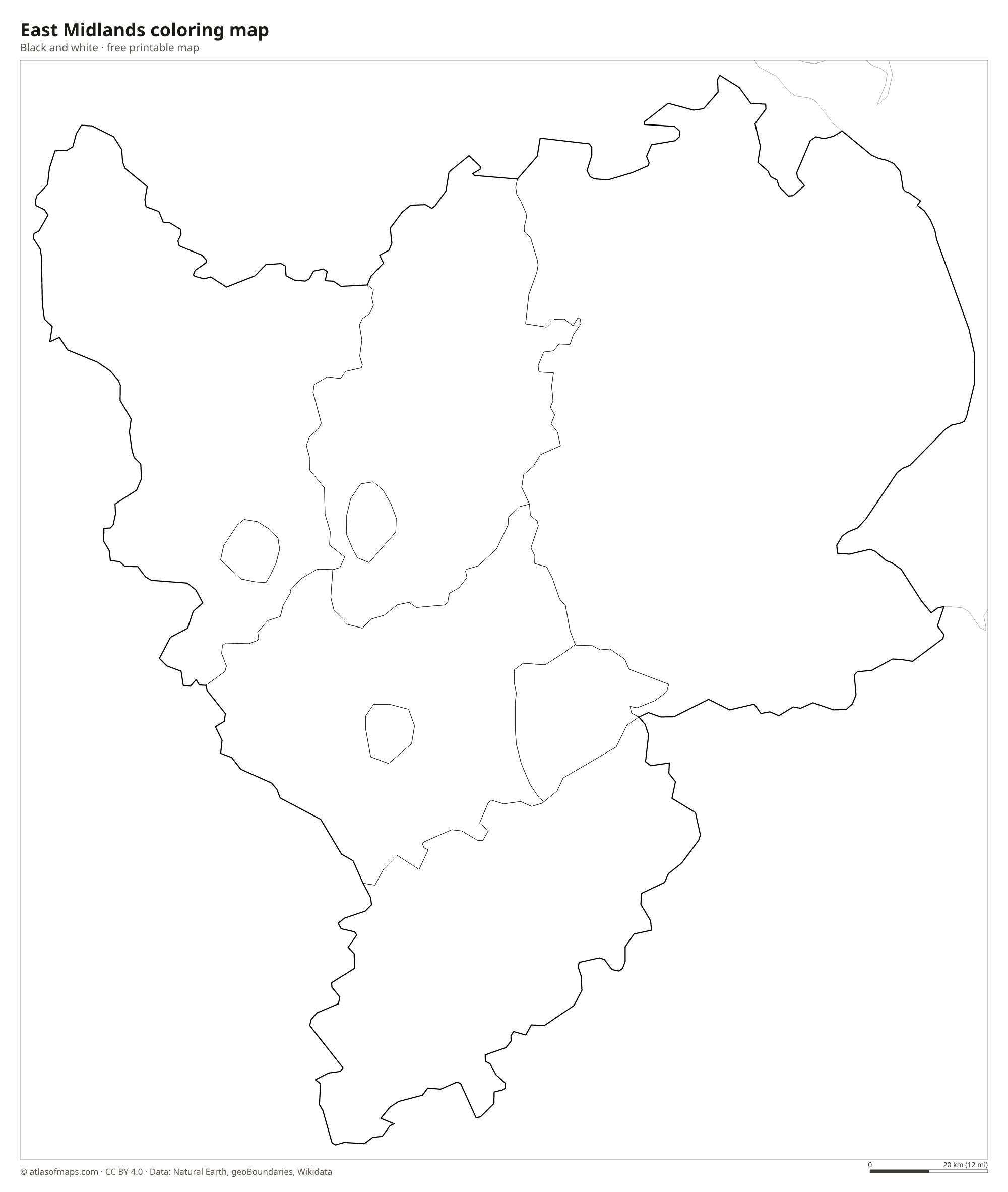 Black-and-white coloring map of East Midlands
