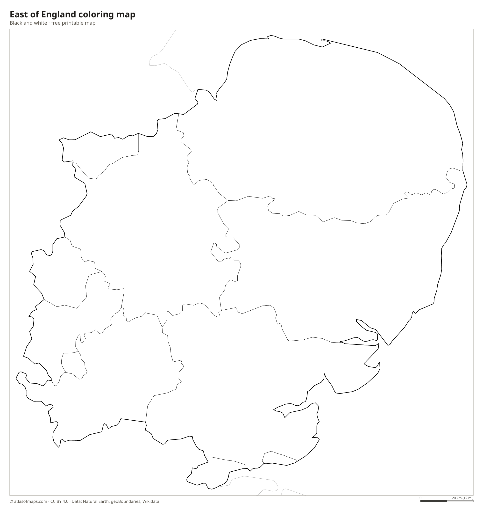 Black-and-white coloring map of East of England