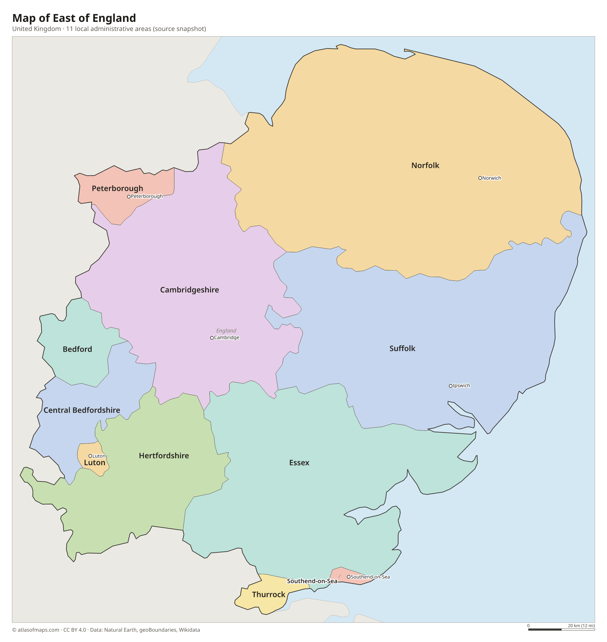 Map of East of England, cities and local administrative areas