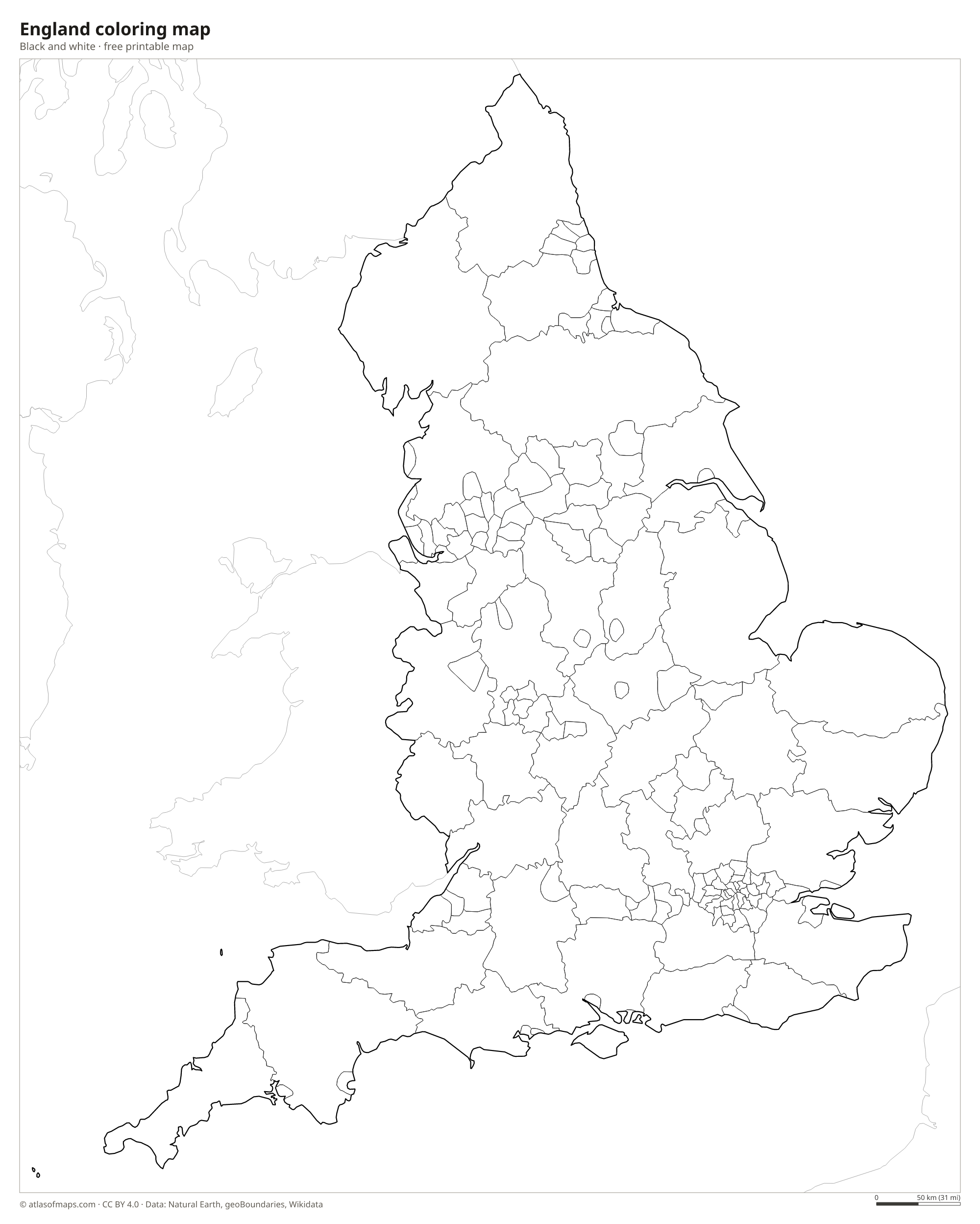 Black-and-white coloring map of England
