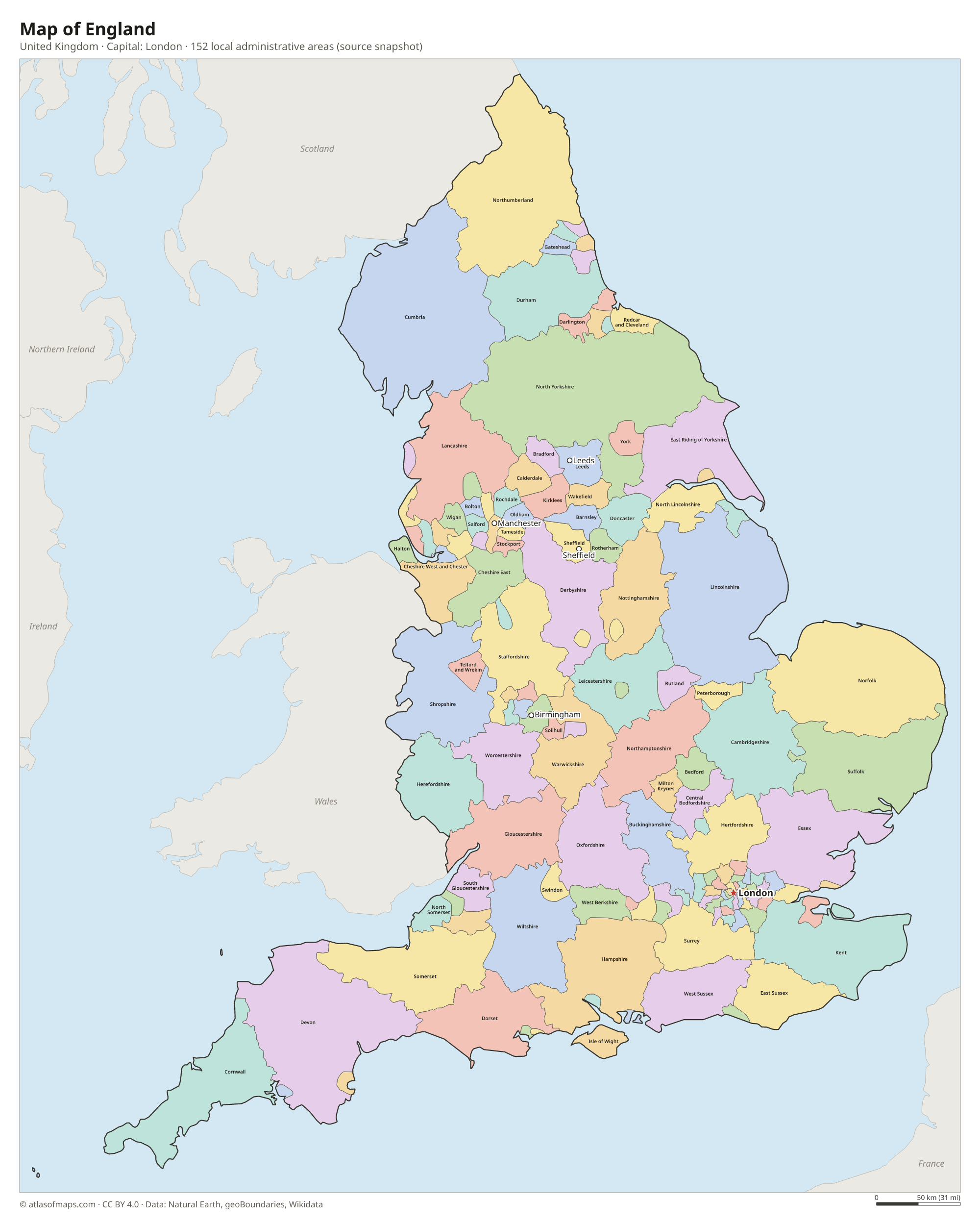 Map of England with the capital London, cities and local administrative areas