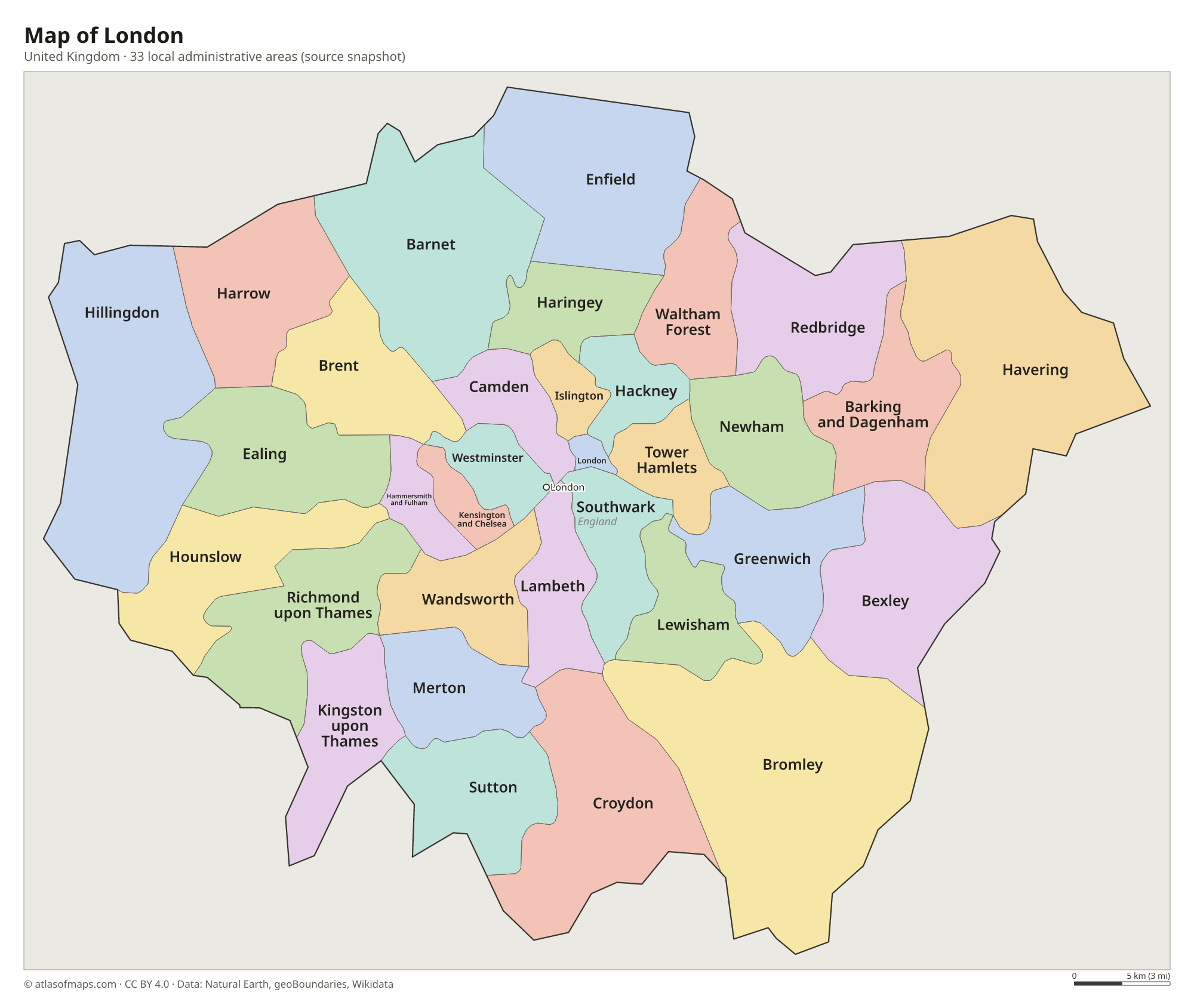 Map of London, cities and local administrative areas