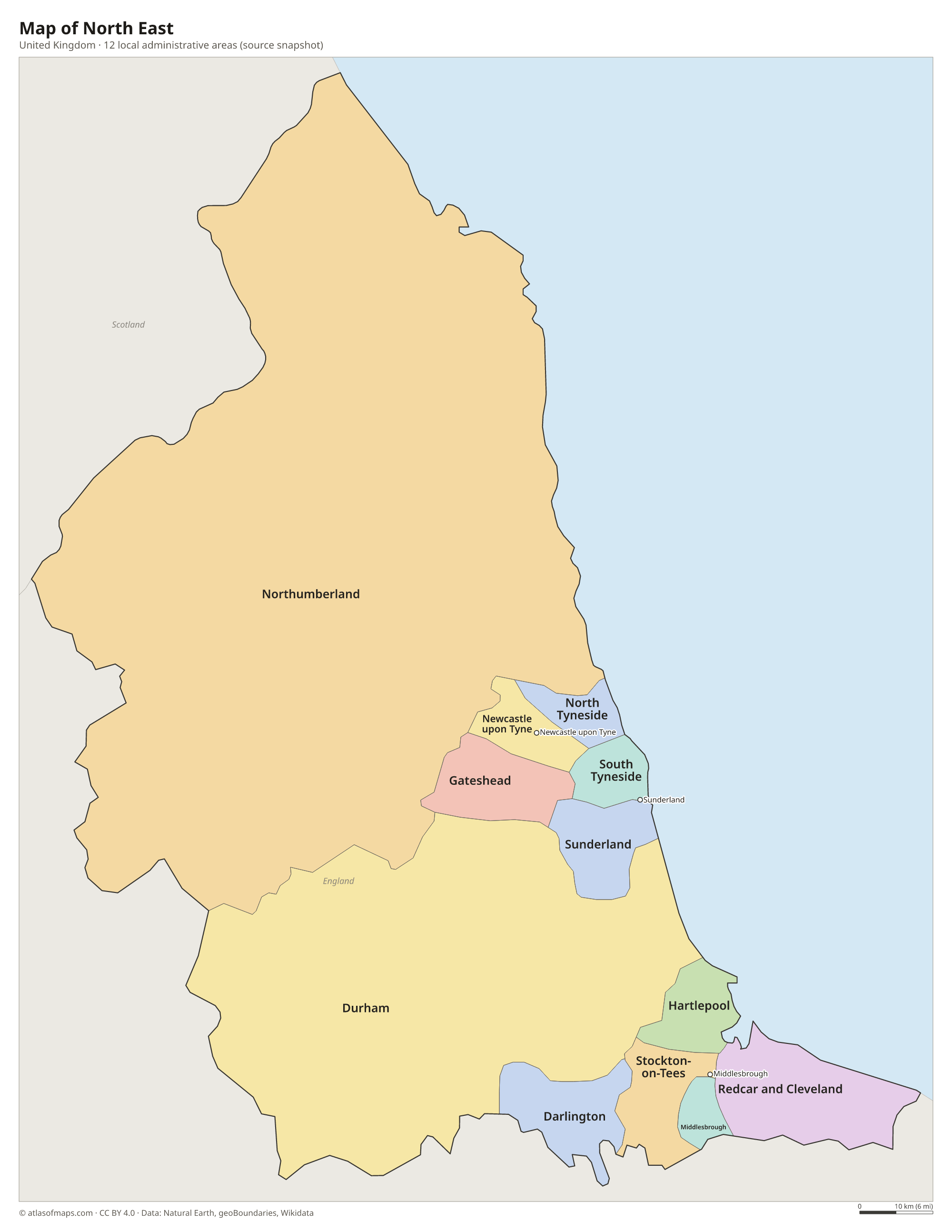 Map of North East, cities and local administrative areas