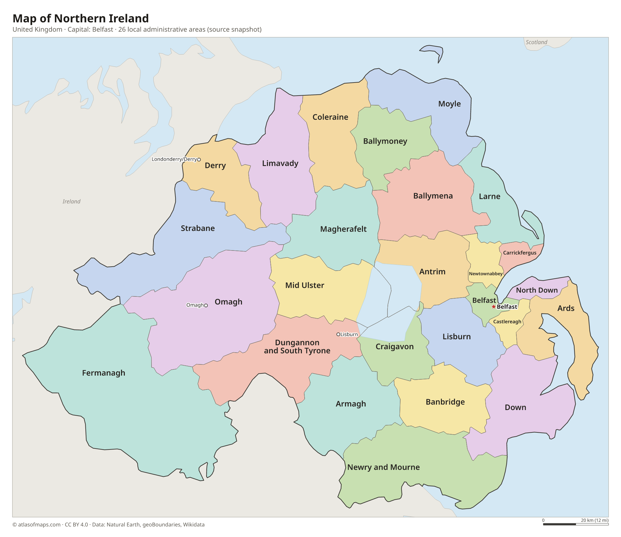 Map of Northern Ireland with the capital Belfast, cities and local administrative areas