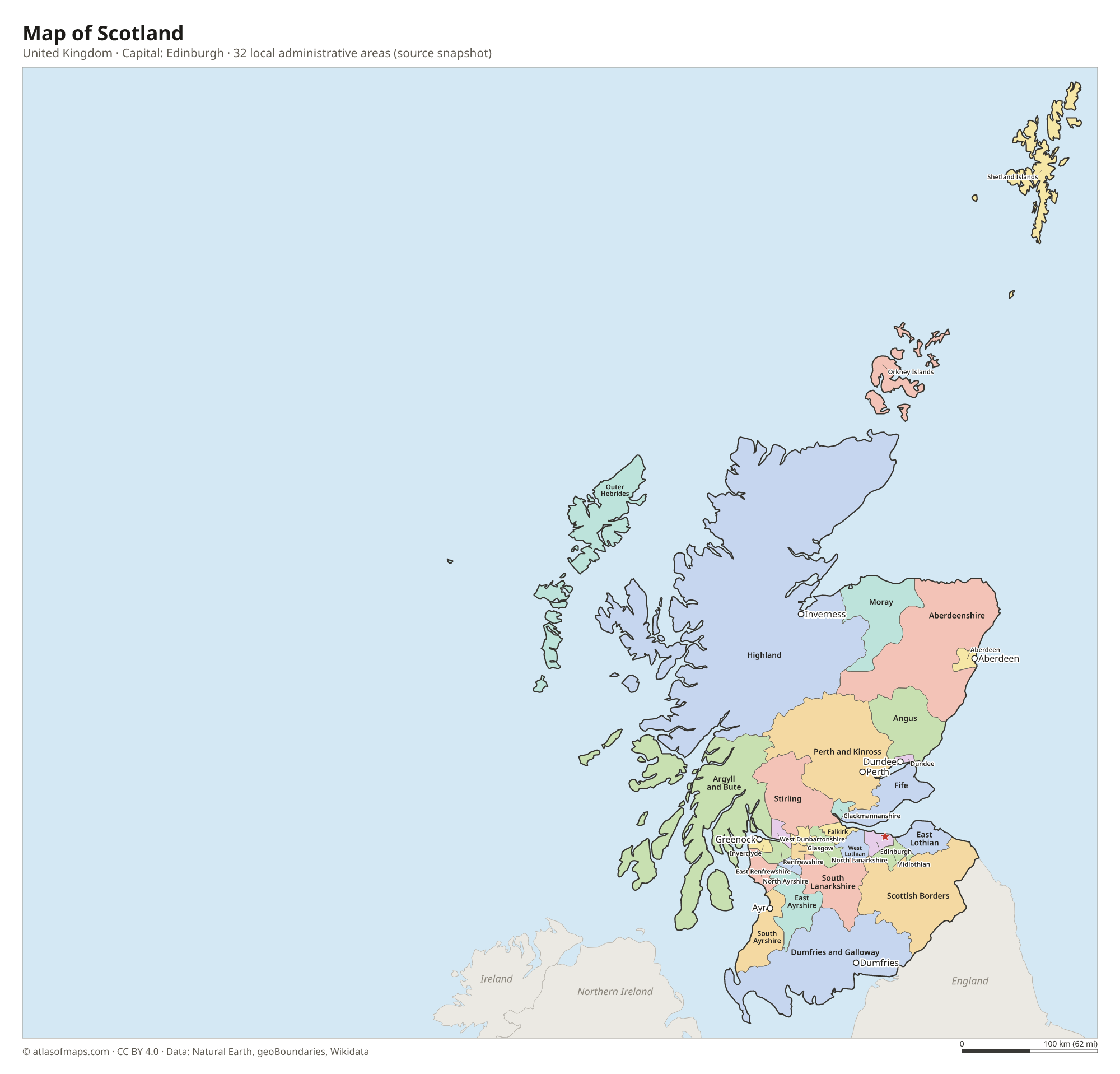Map of Scotland with the capital Edinburgh, cities and local administrative areas