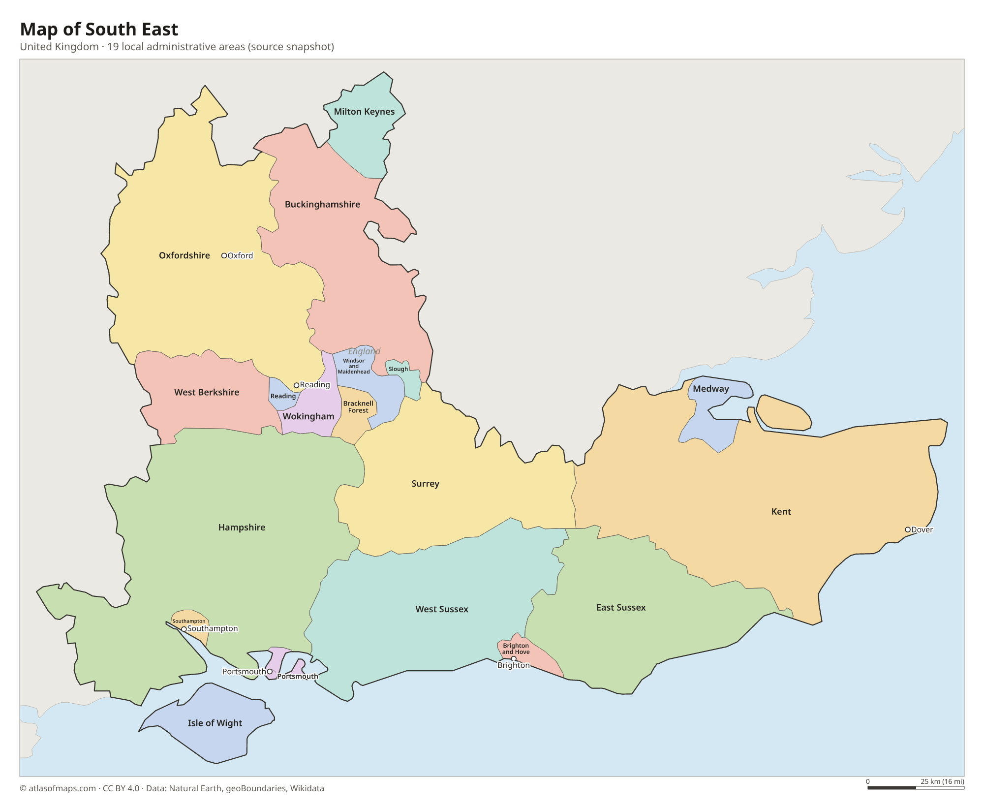 Map of South East, cities and local administrative areas