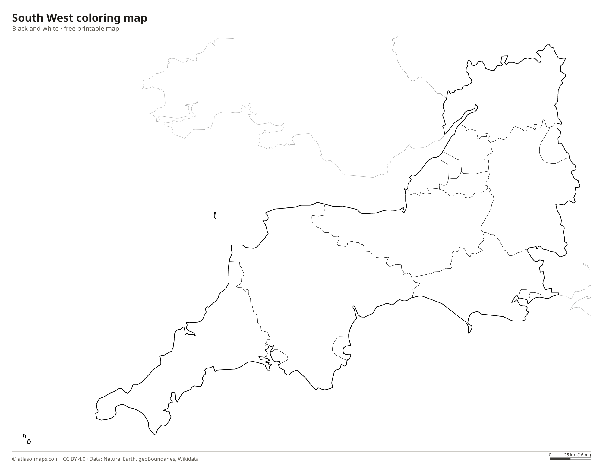 Black-and-white coloring map of South West