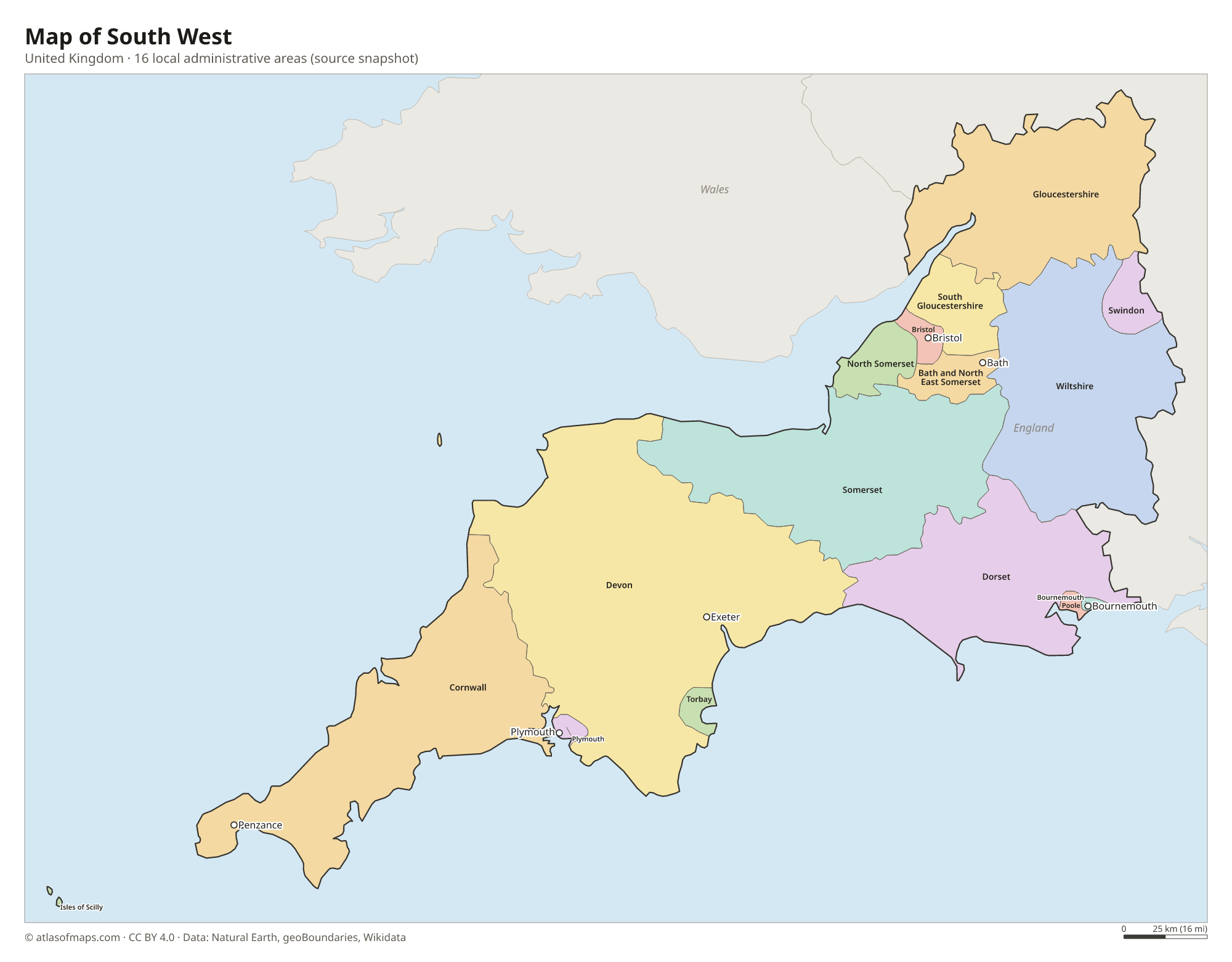 Map of South West, cities and local administrative areas