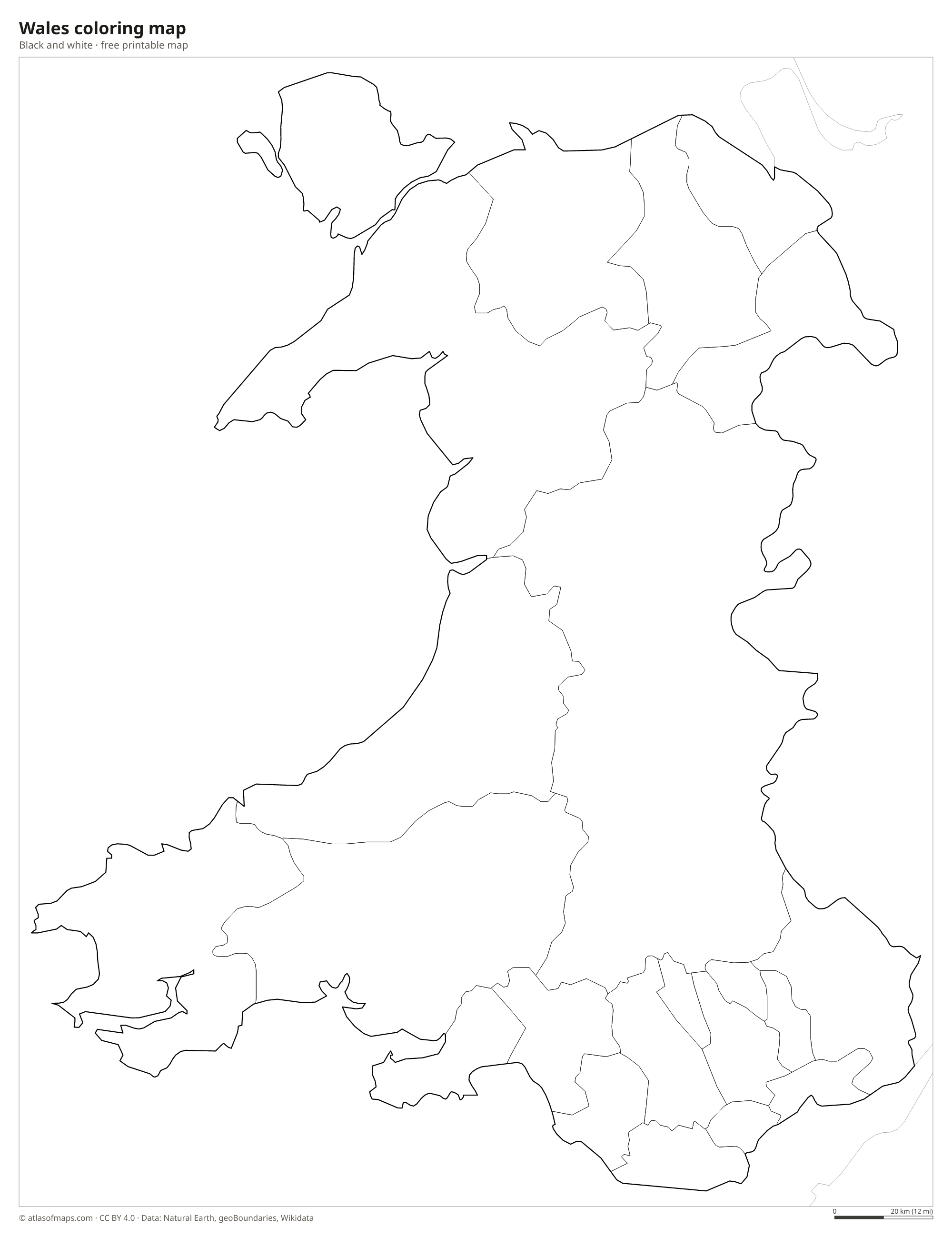 Black-and-white coloring map of Wales