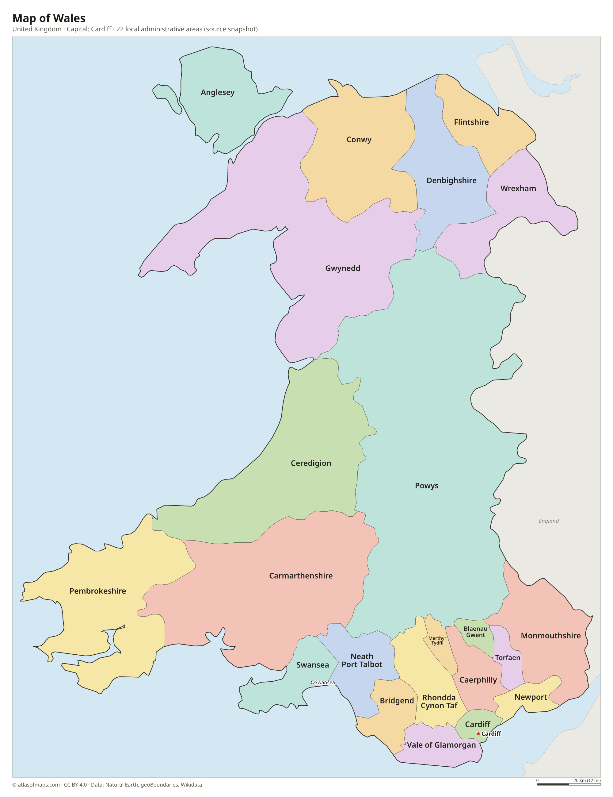 Map of Wales with the capital Cardiff, cities and local administrative areas