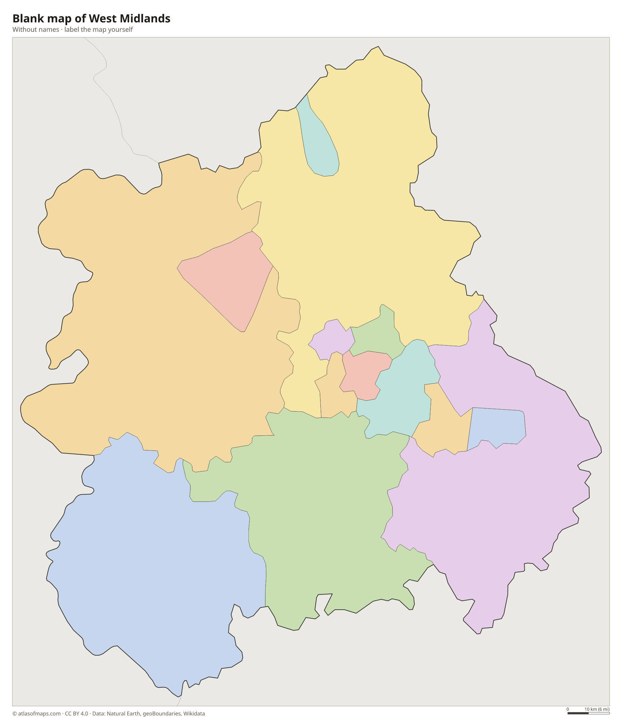 Blank map of West Midlands without names