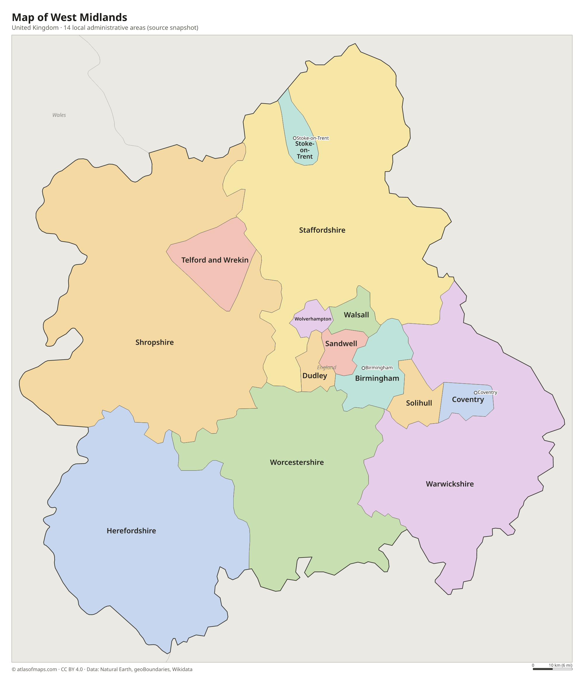 Map of West Midlands, cities and local administrative areas