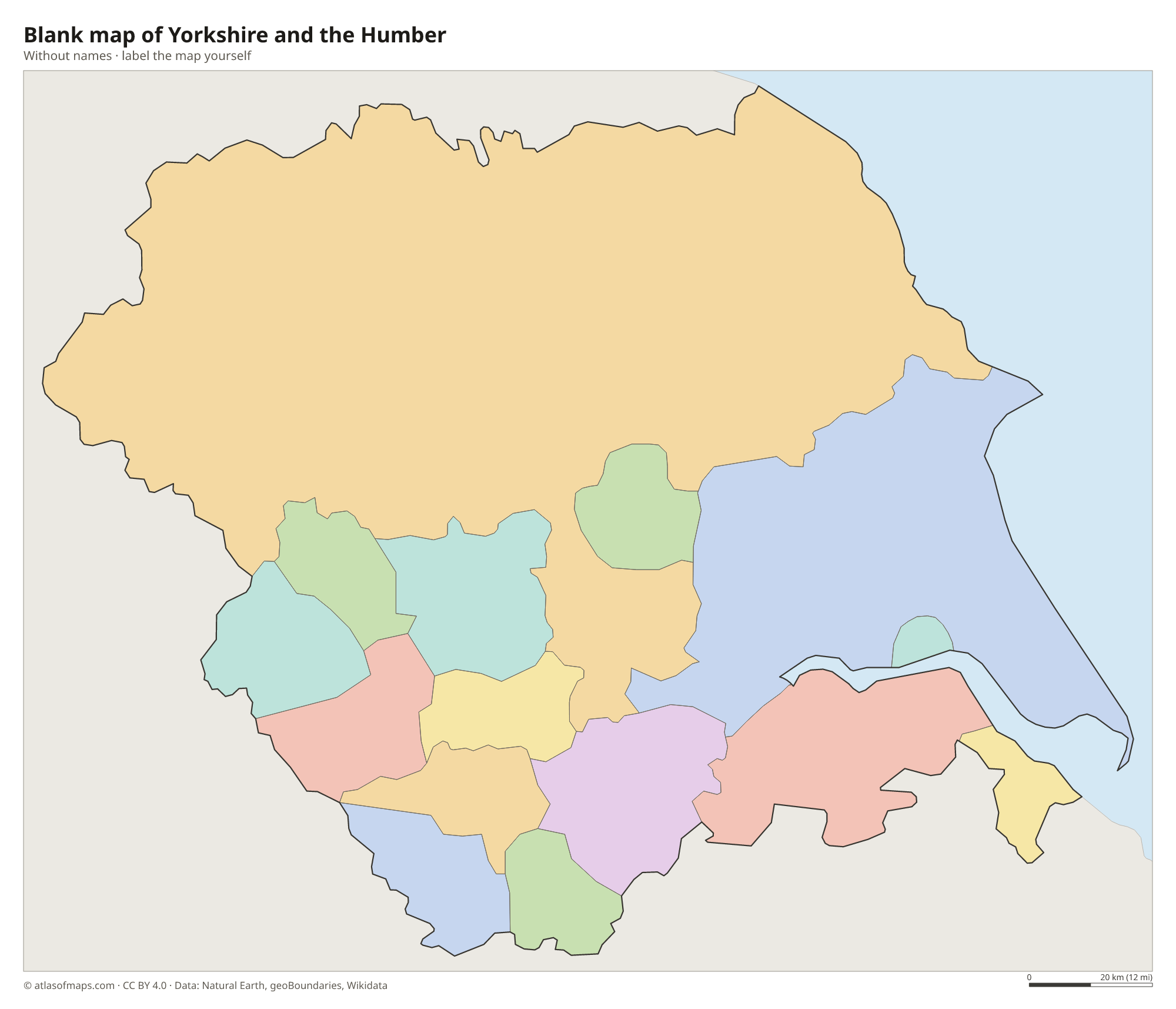 Blank map of Yorkshire and the Humber without names