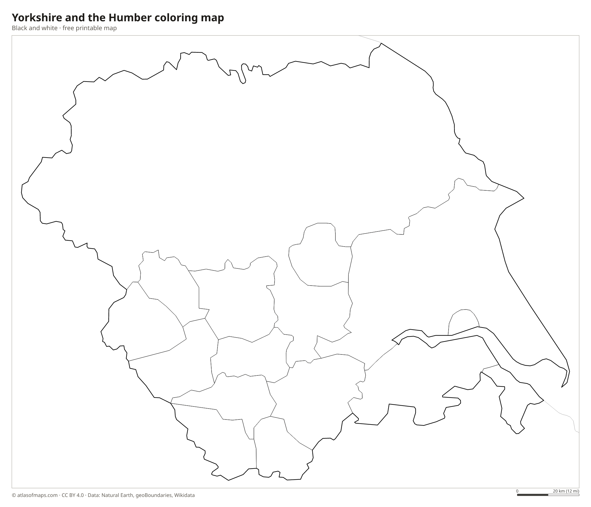 Black-and-white coloring map of Yorkshire and the Humber