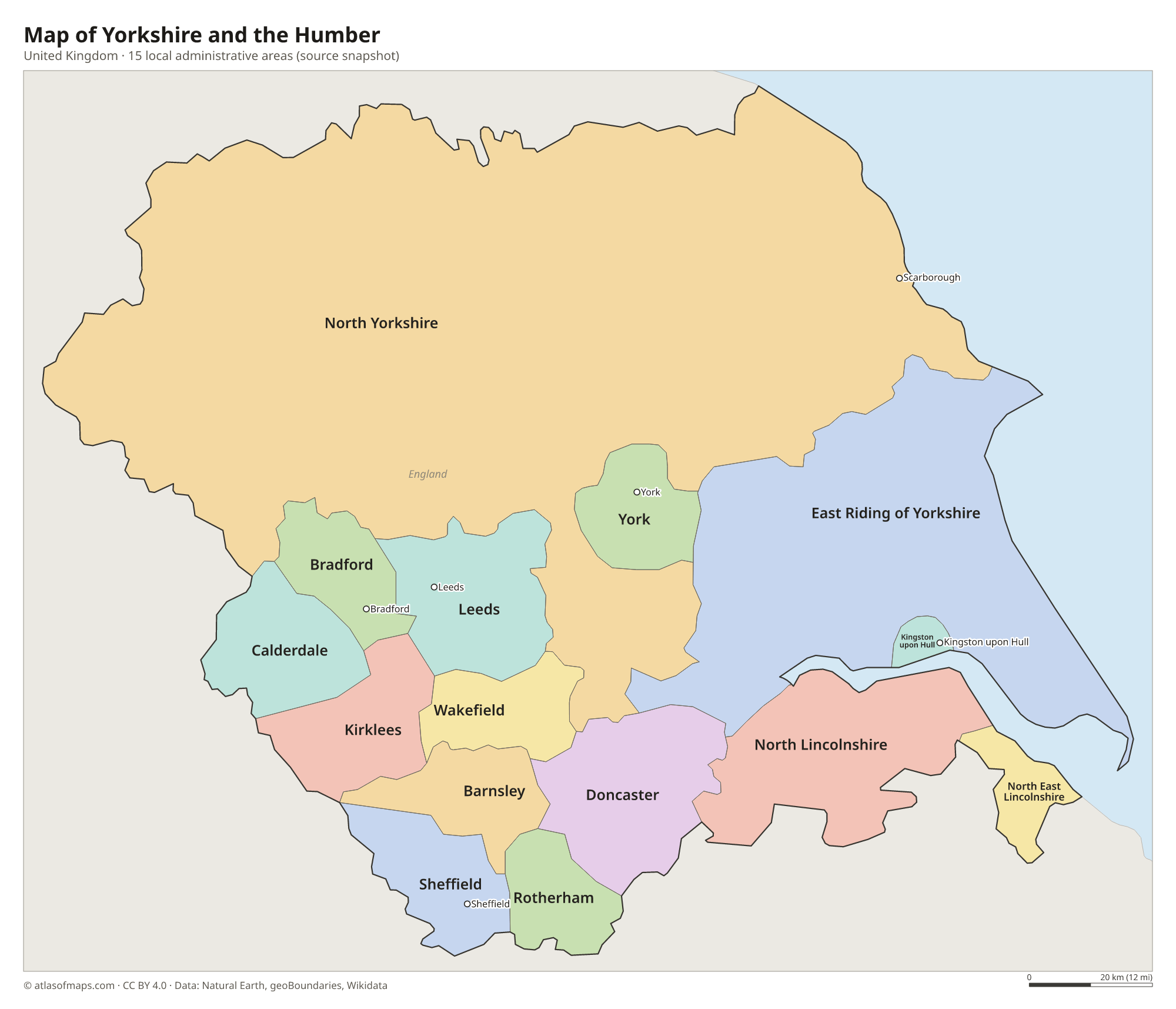 Map of Yorkshire and the Humber, cities and local administrative areas