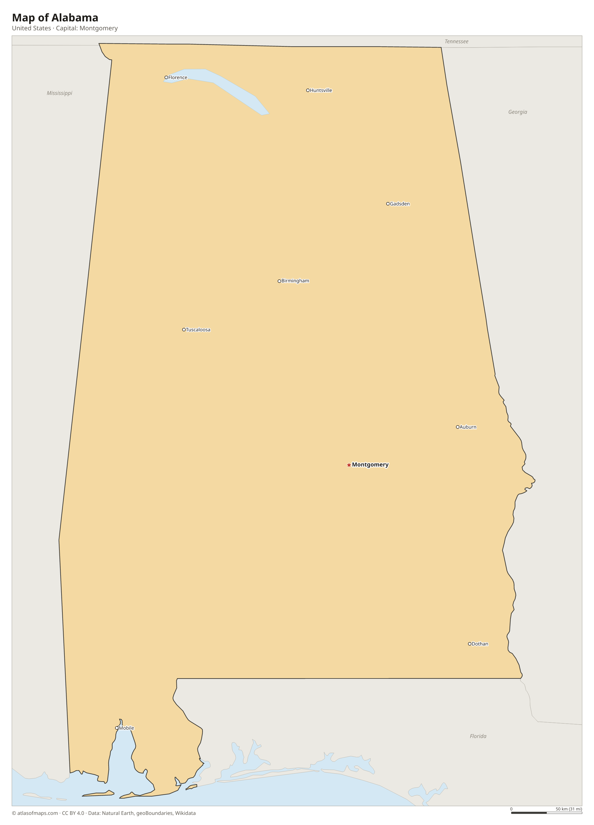 Map of Alabama with the capital Montgomery, cities