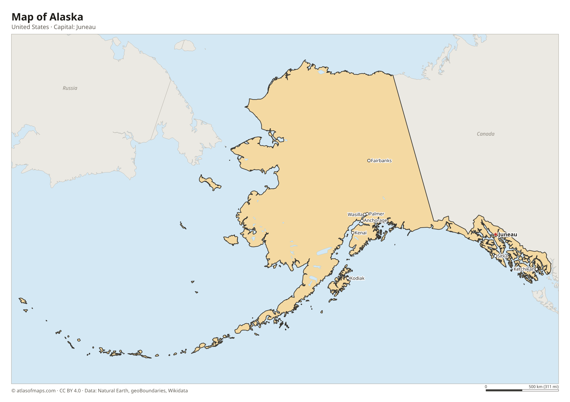 Map of Alaska with the capital Juneau, cities