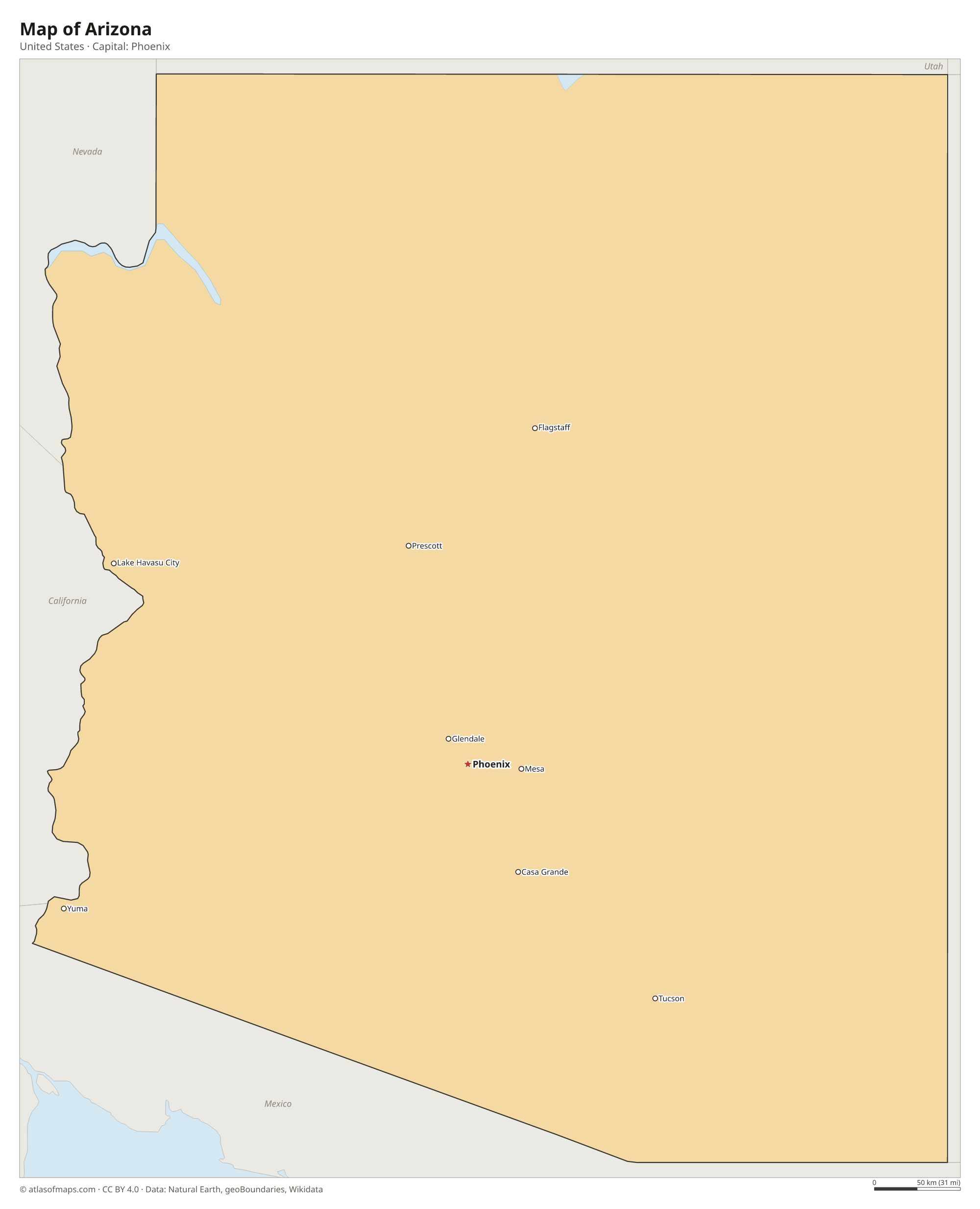 Map of Arizona with the capital Phoenix, cities