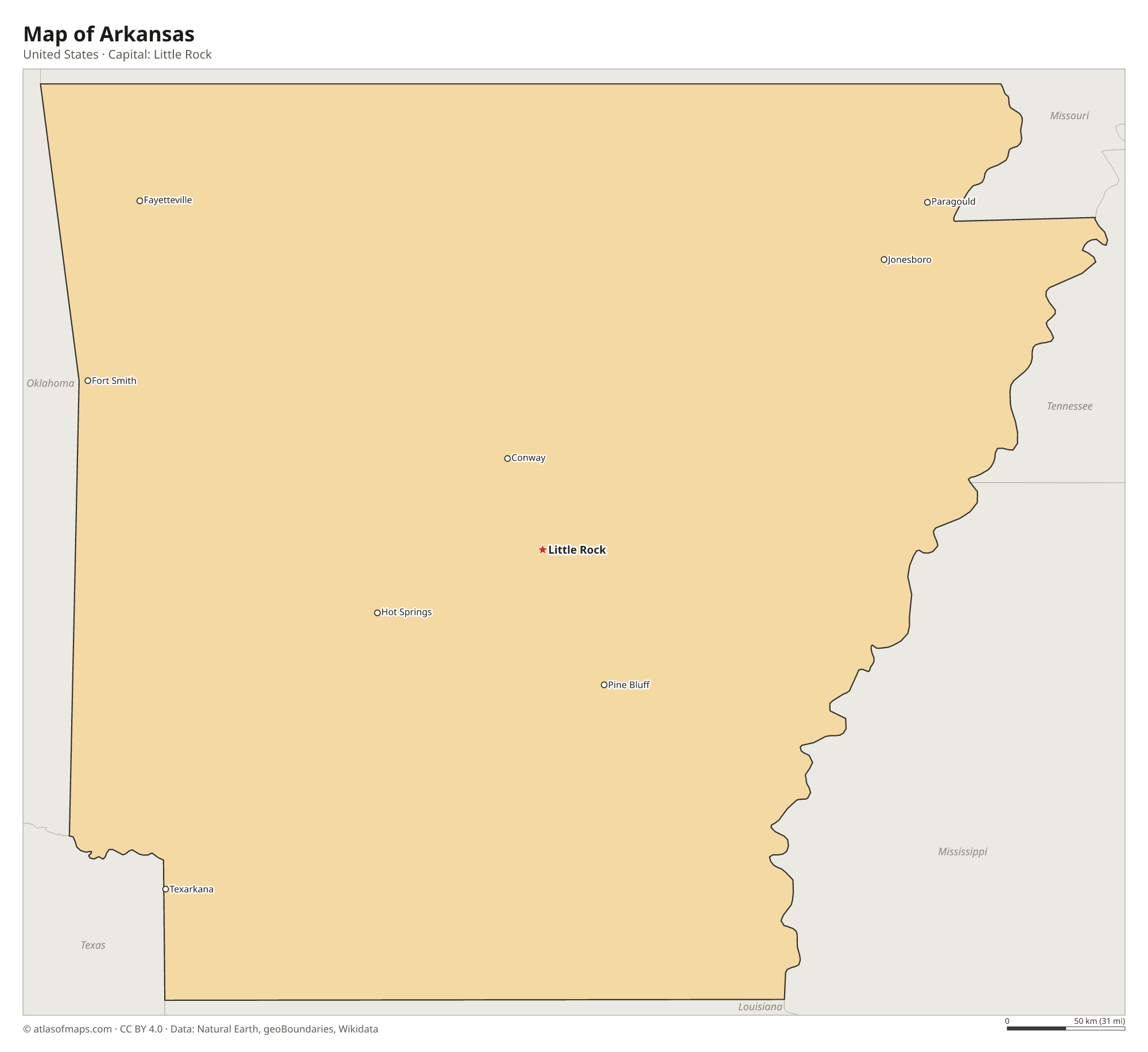 Map of Arkansas with the capital Little Rock, cities
