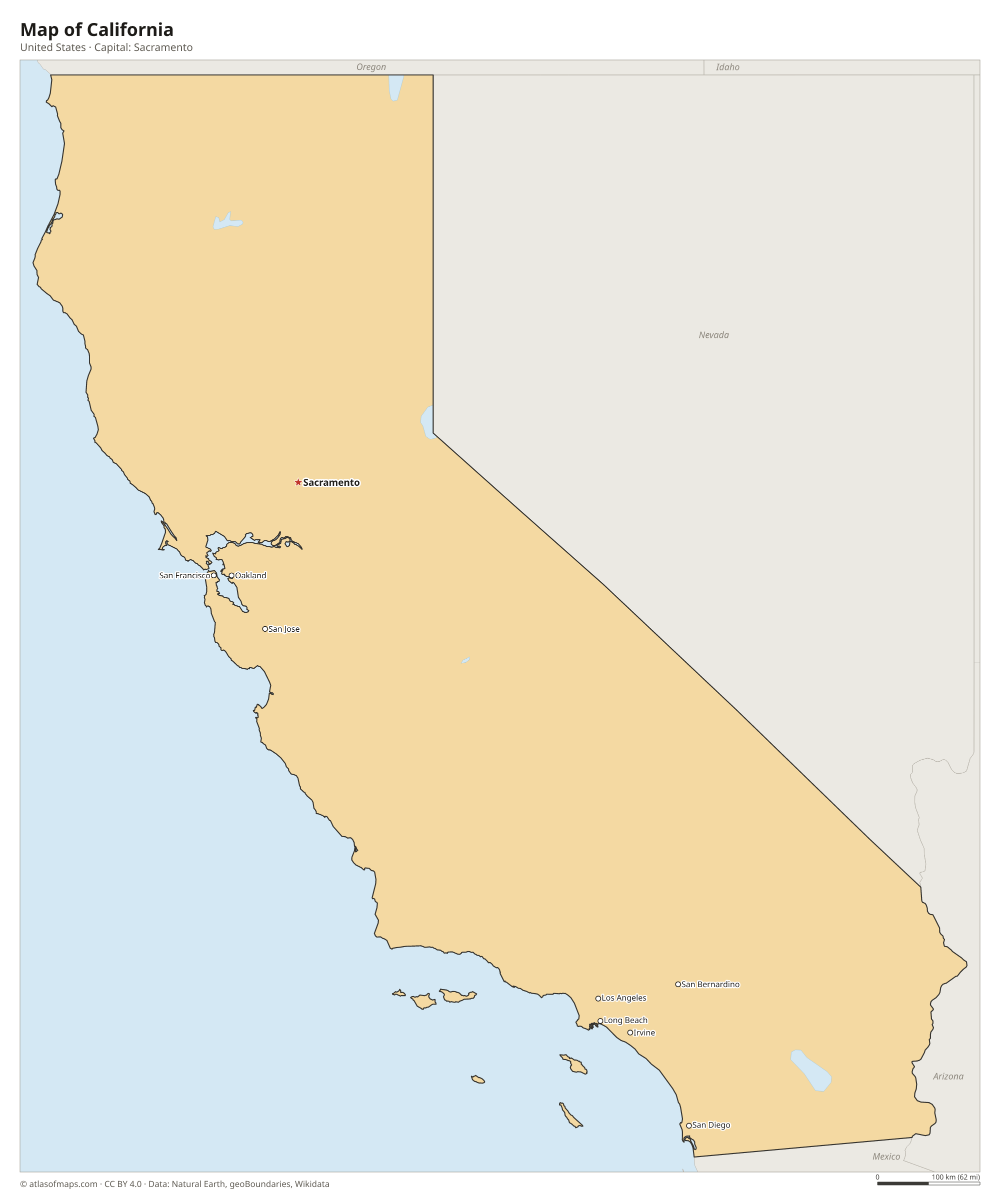 Map of California with the capital Sacramento, cities