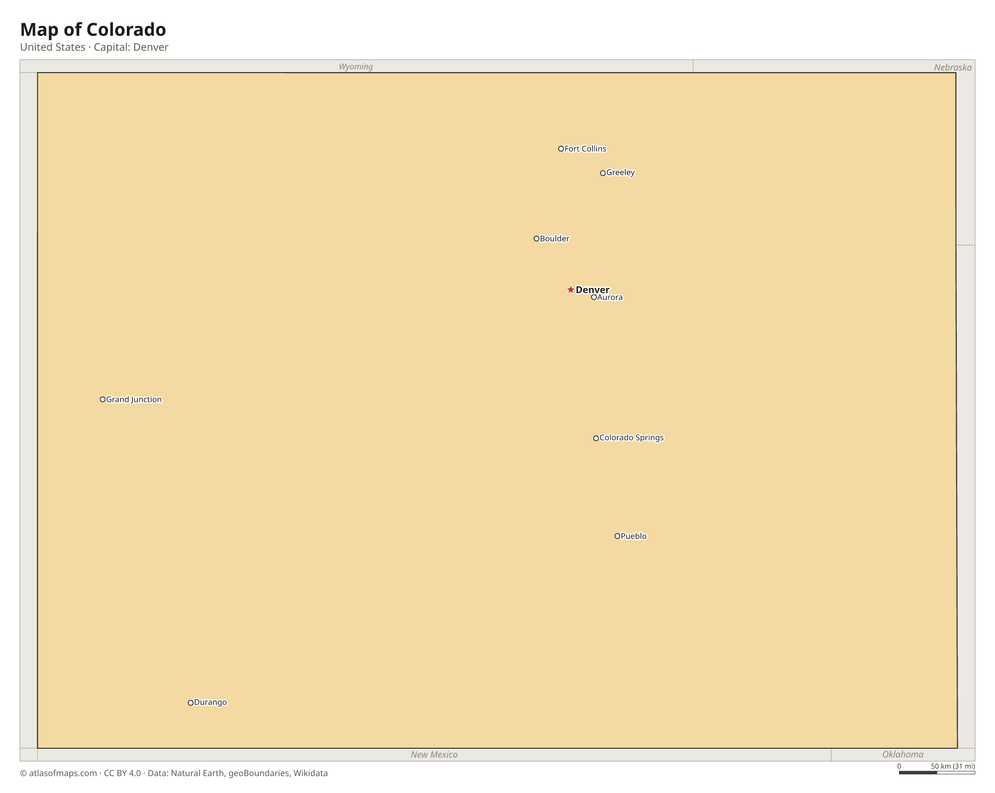 Map of Colorado with the capital Denver, cities