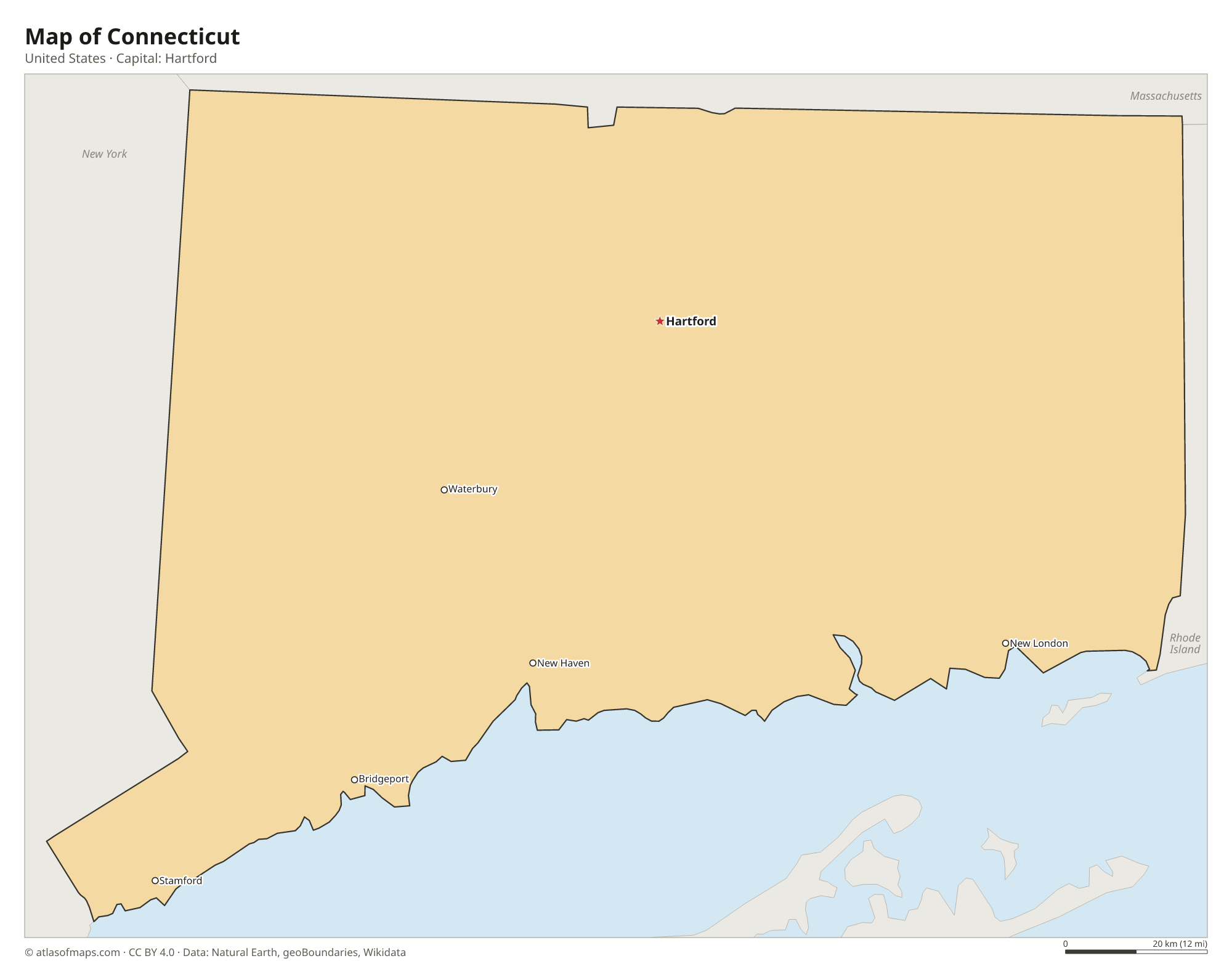 Map of Connecticut with the capital Hartford, cities
