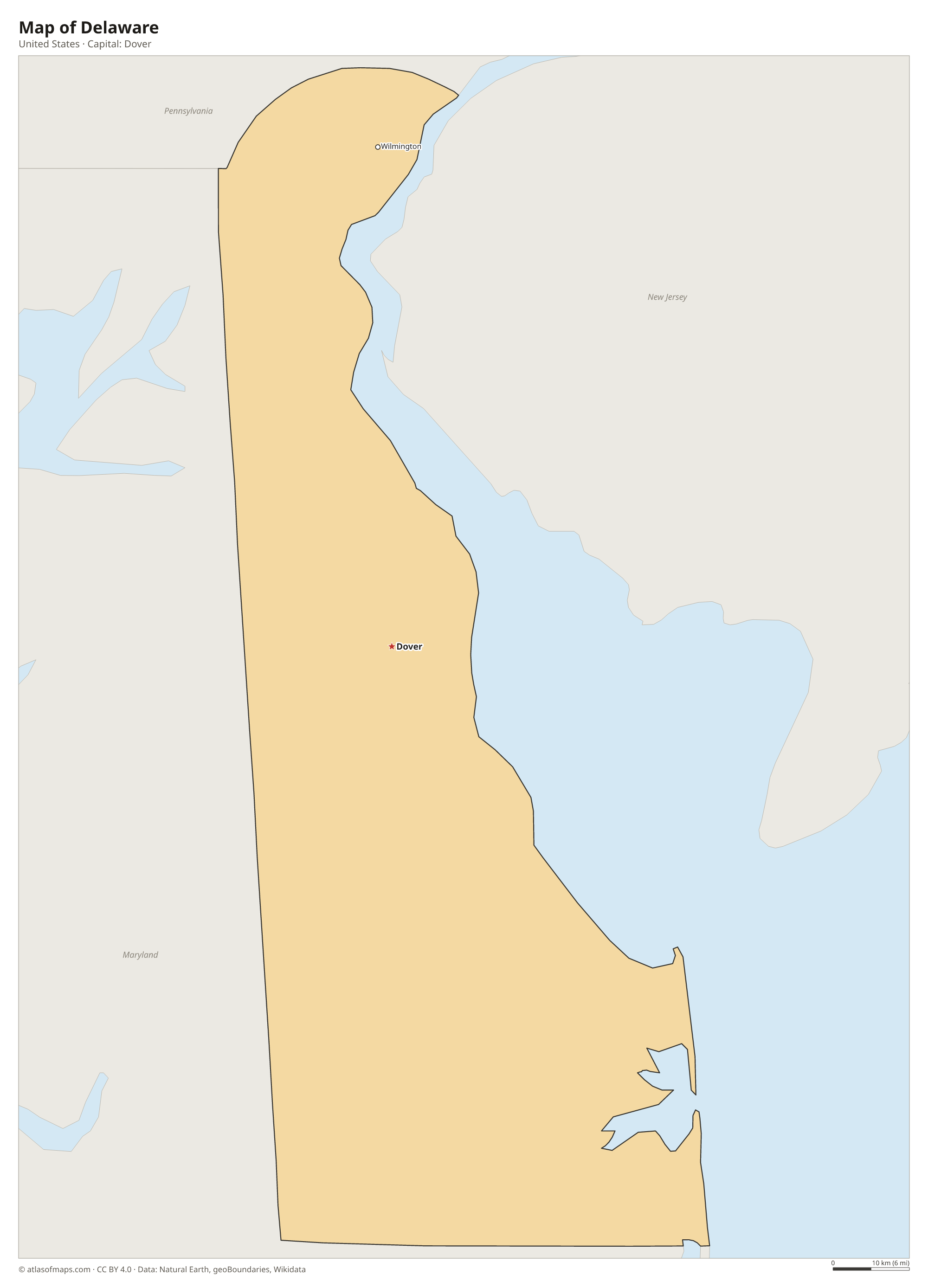 Map of Delaware with the capital Dover, cities